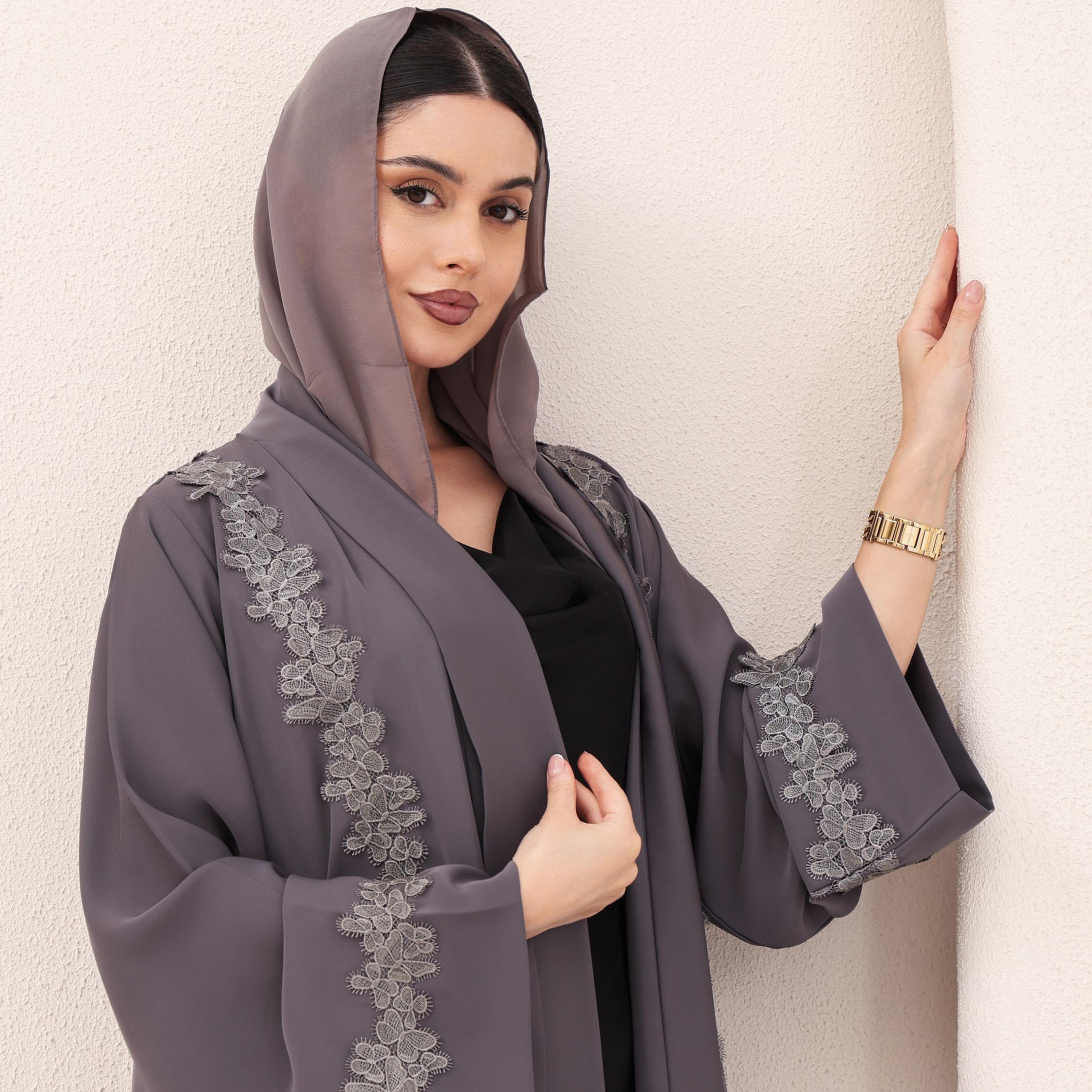 IKKXA Grey Floral Embroidered Lace Wide Sleeves Nida Women's Abaya with Hijab-women-arabicclothing-abayas-image-2