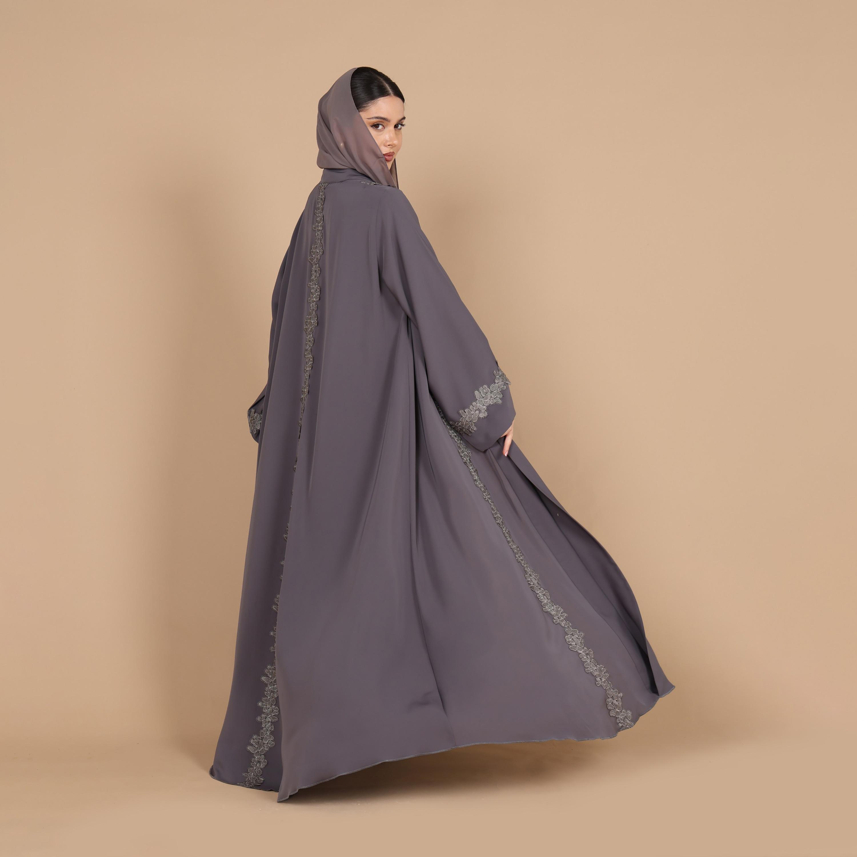 IKKXA Grey Floral Embroidered Lace Wide Sleeves Nida Women's Abaya with Hijab-women-arabicclothing-abayas-image-4