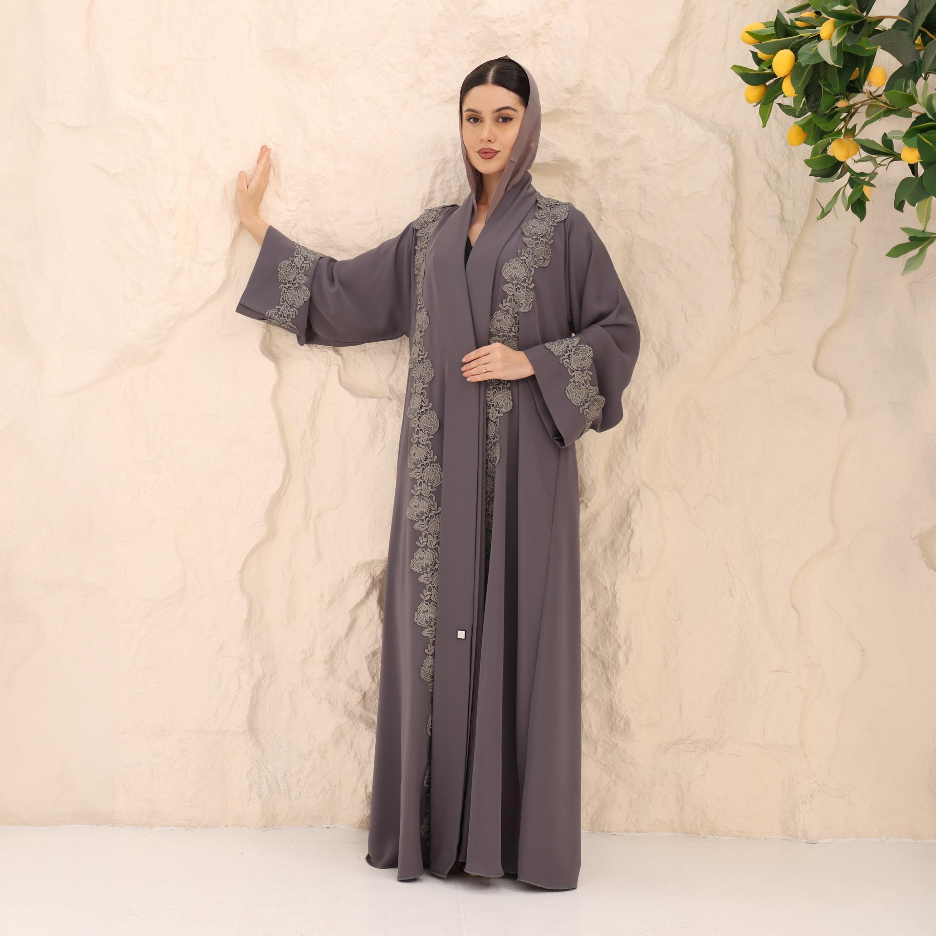 IKKXA Grey Floral Embroidered Lace Wide Sleeves Nida Women's Abaya with Hijab-women-arabicclothing-abayas-image-1