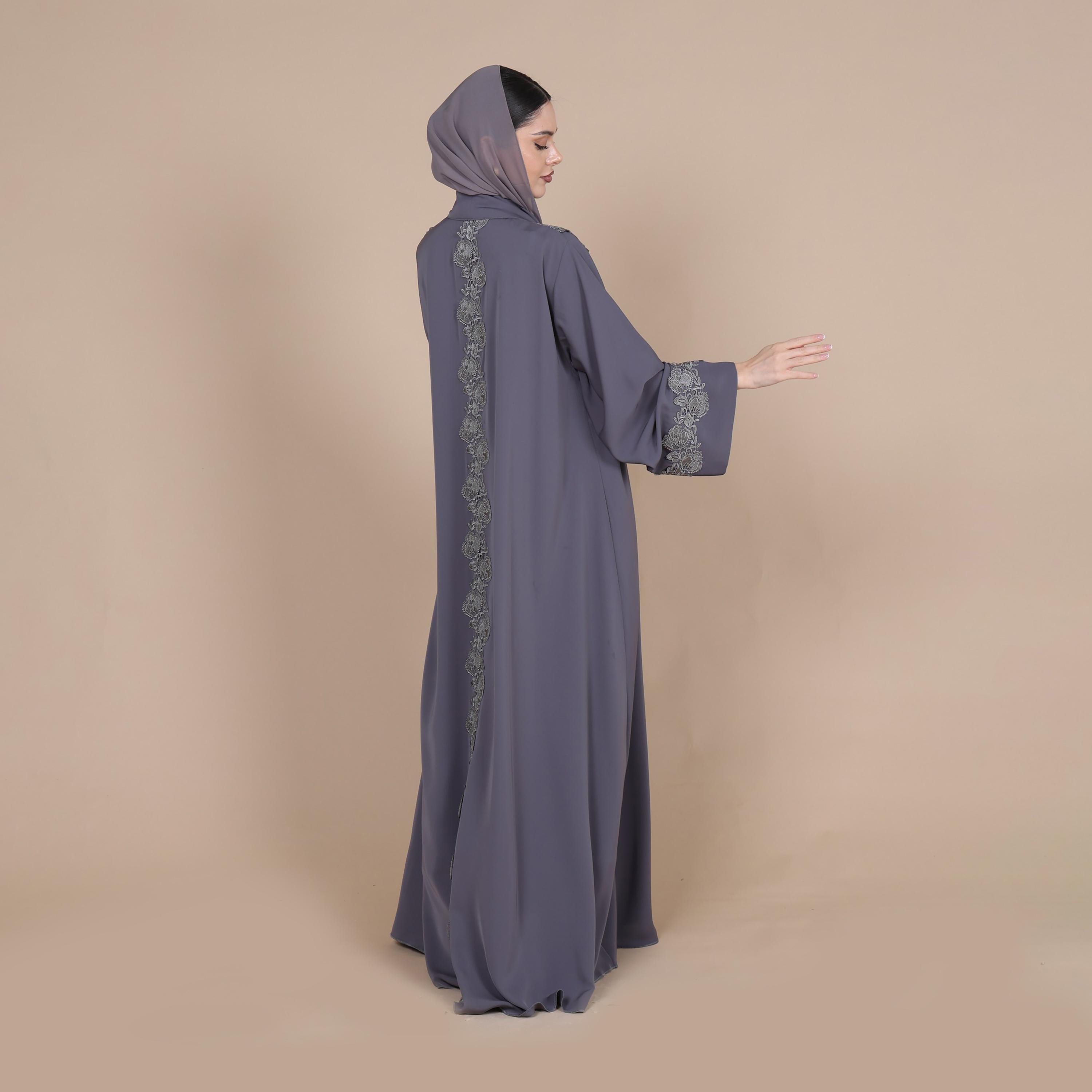 IKKXA Grey Floral Embroidered Lace Wide Sleeves Nida Women's Abaya with Hijab-women-arabicclothing-abayas-image-5