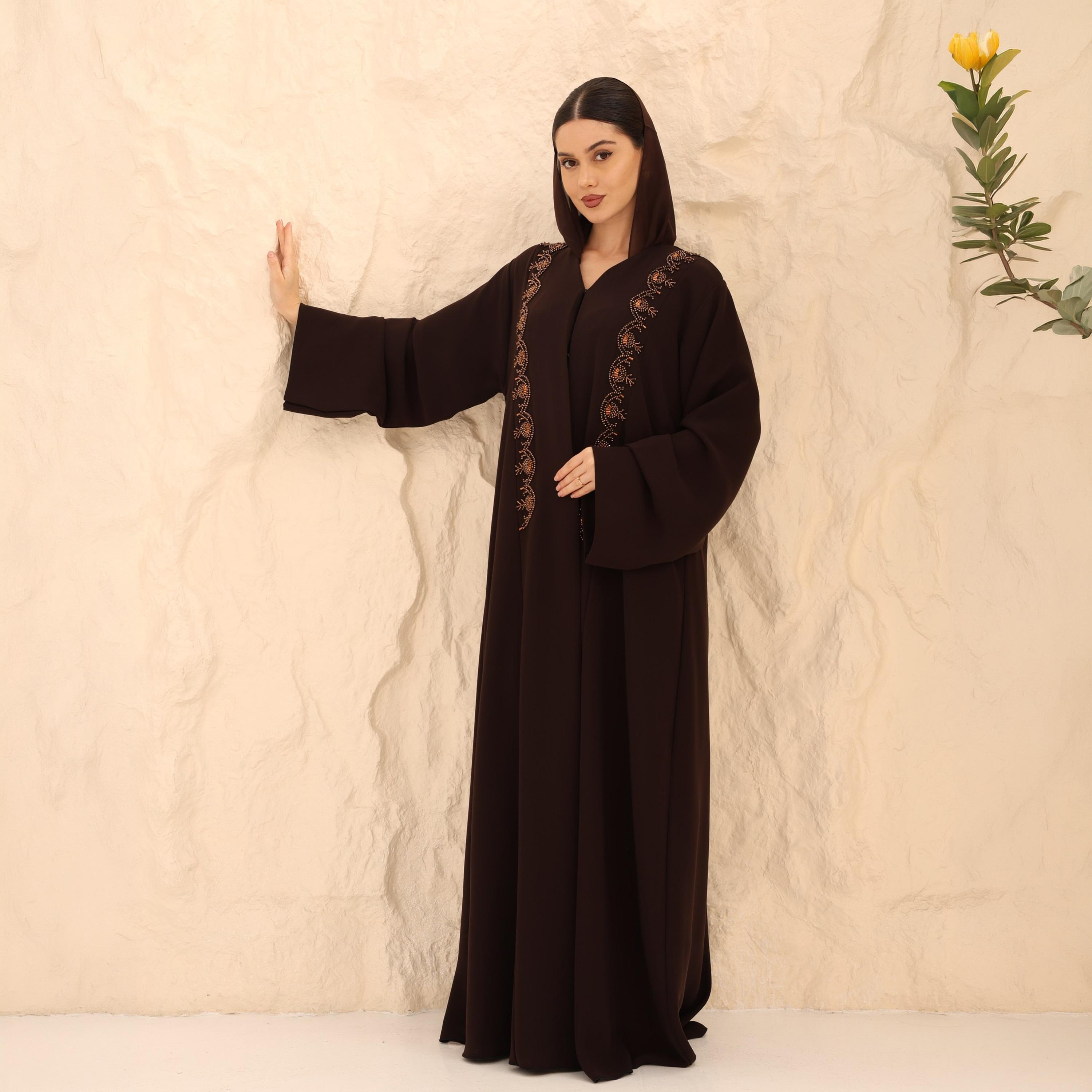 IKKXA Brown Beaded Front Wide Sleeves Crepe Women's Abaya with Hijab-women-arabicclothing-abayas-image-1