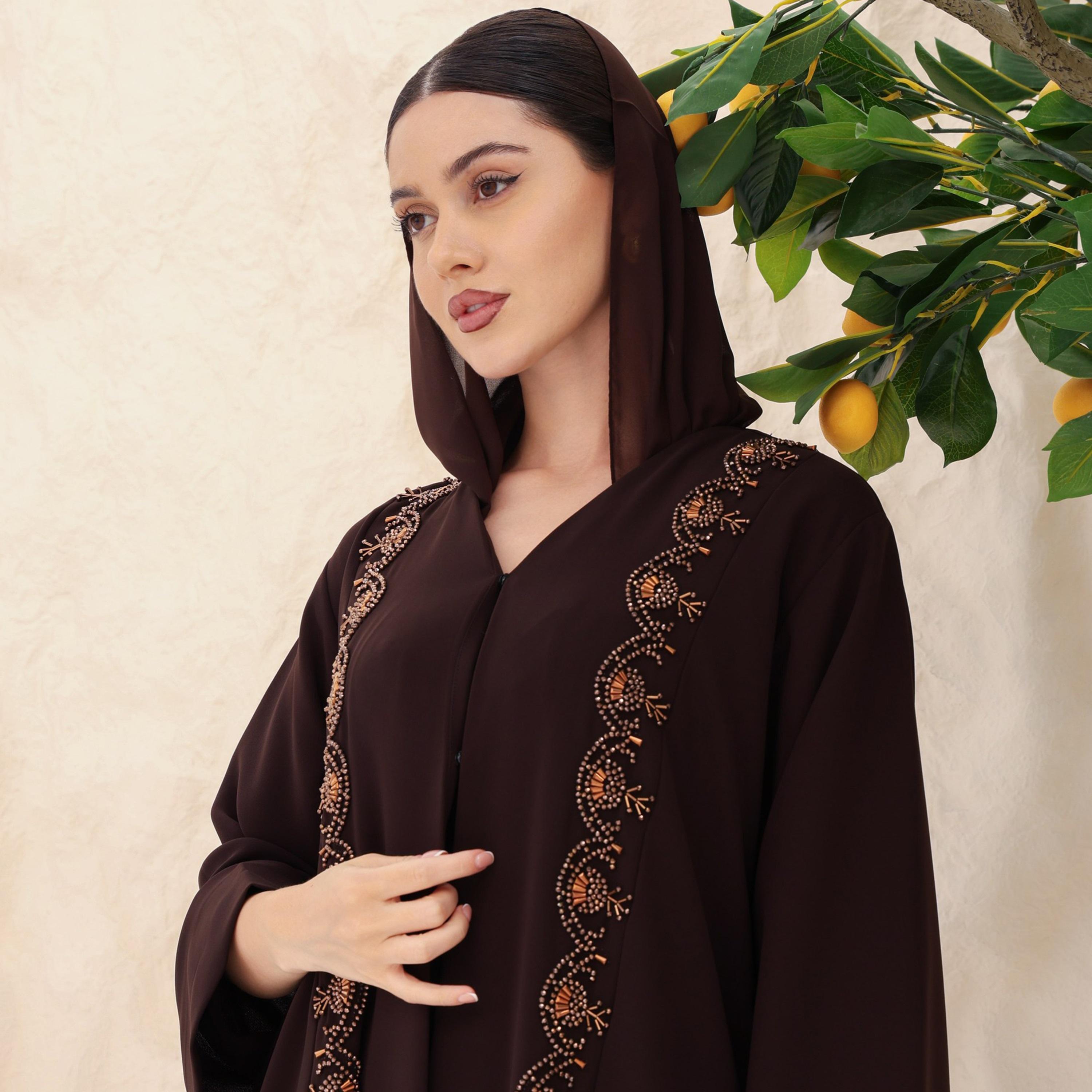 IKKXA Brown Beaded Front Wide Sleeves Crepe Women's Abaya with Hijab-women-arabicclothing-abayas-image-2