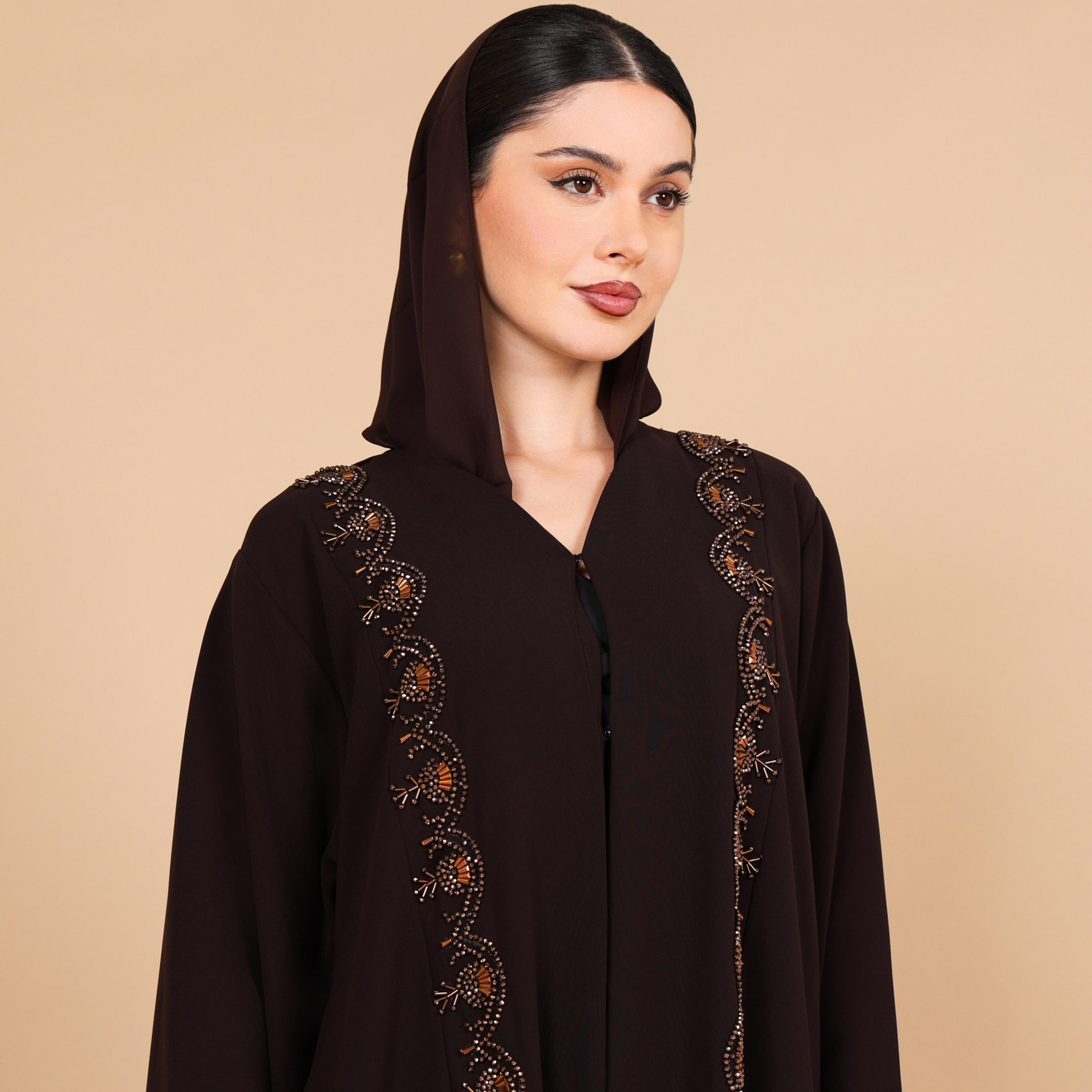 IKKXA Brown Beaded Front Wide Sleeves Crepe Women's Abaya with Hijab-women-arabicclothing-abayas-image-3