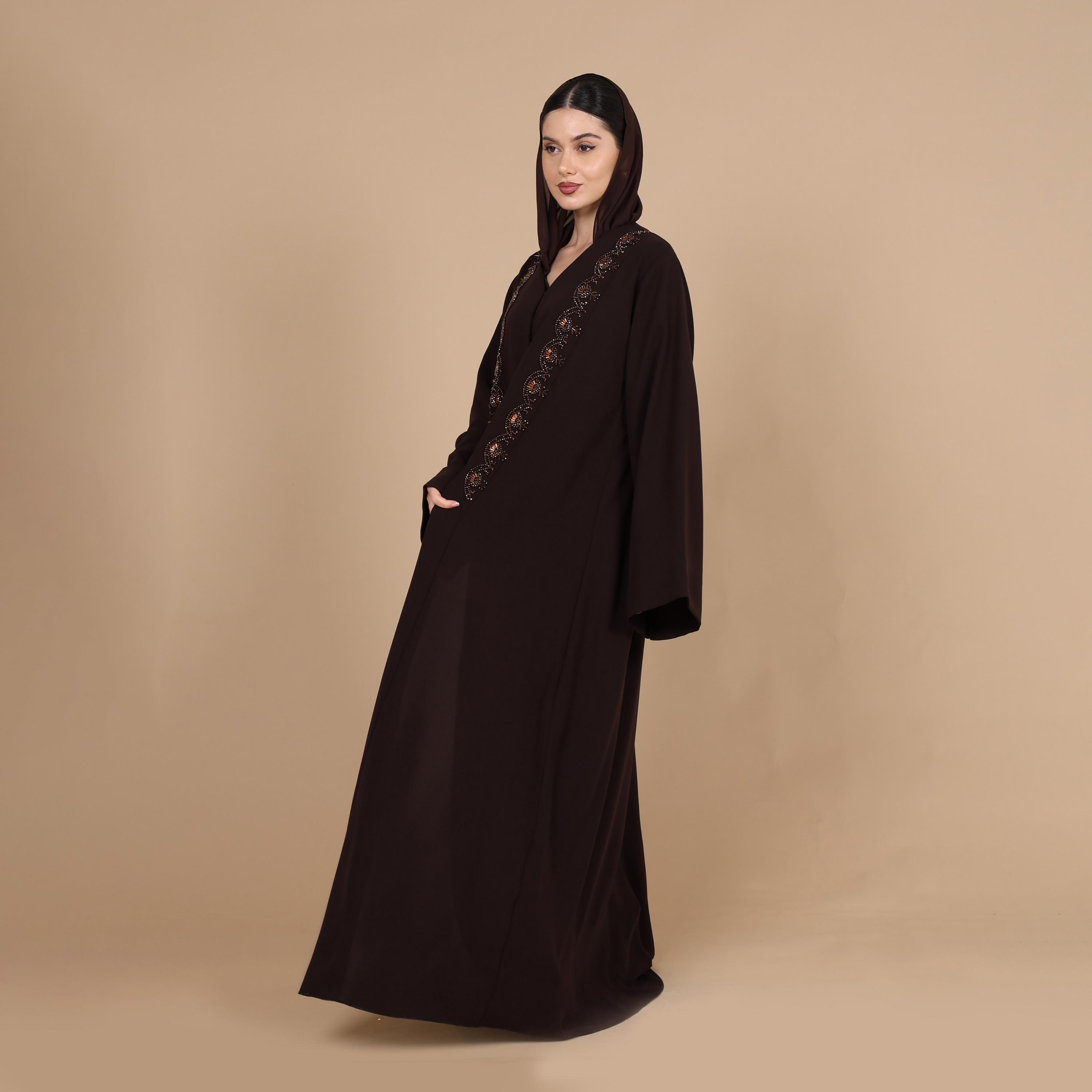 IKKXA Brown Beaded Front Wide Sleeves Crepe Women's Abaya with Hijab-women-arabicclothing-abayas-image-5