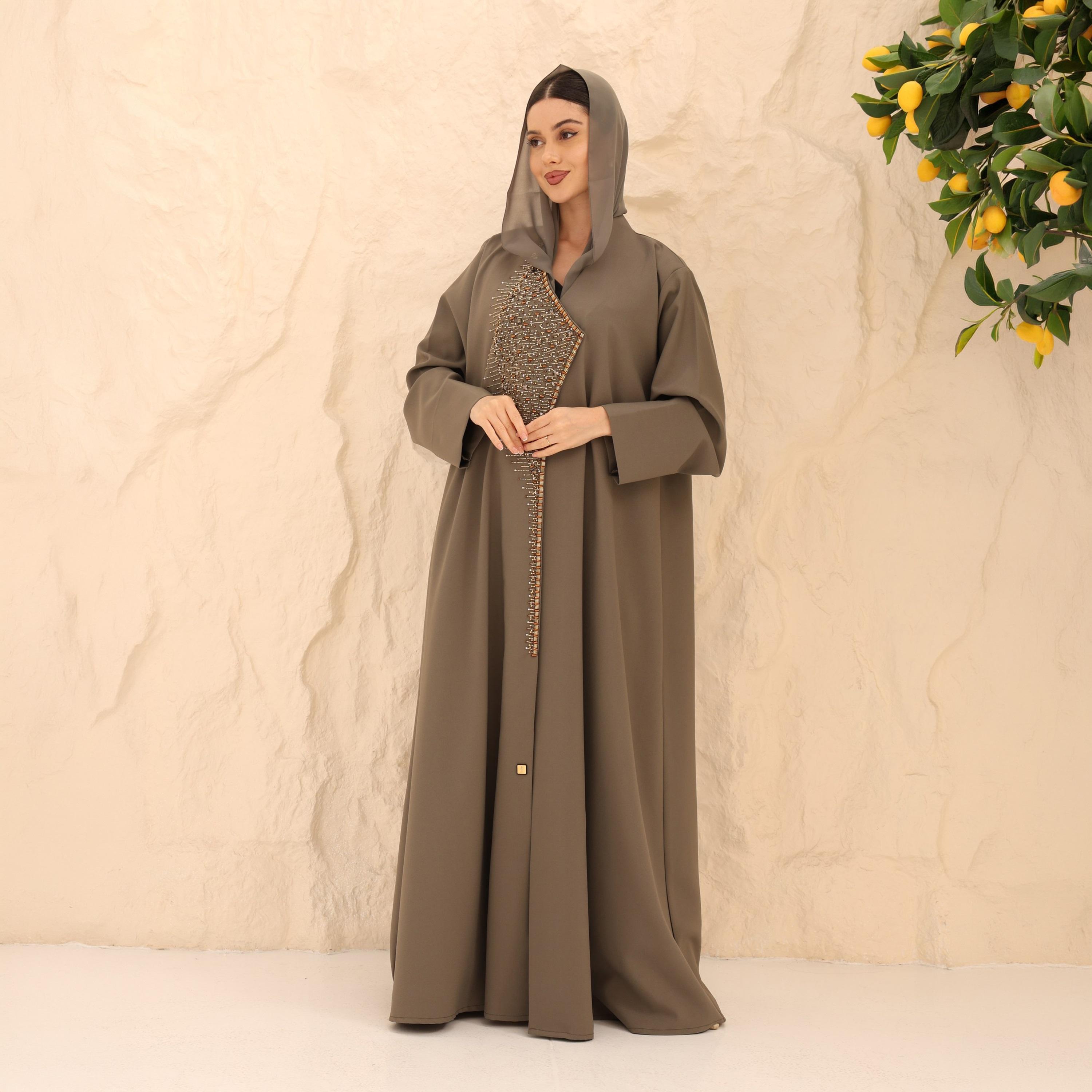 IKKXA Khaki Beaded Detail Crepe Women's Abaya with Hijab-women-arabicclothing-abayas-image-1