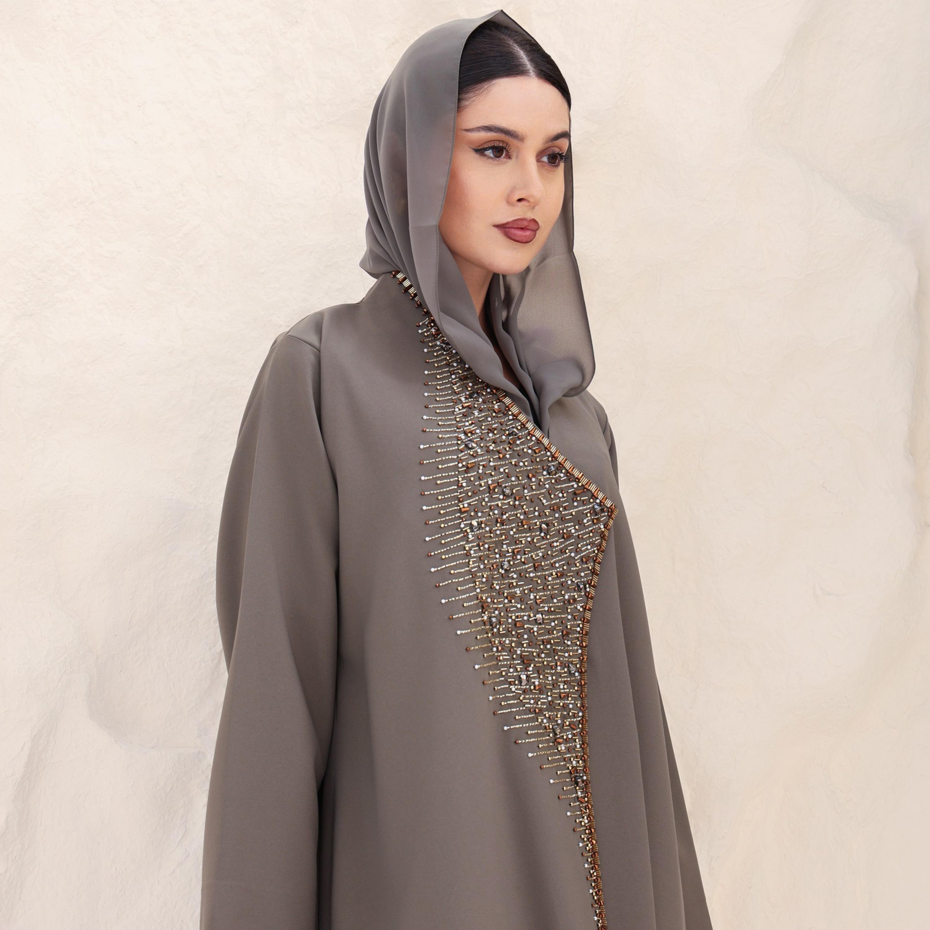 IKKXA Khaki Beaded Detail Crepe Women's Abaya with Hijab-women-arabicclothing-abayas-image-2
