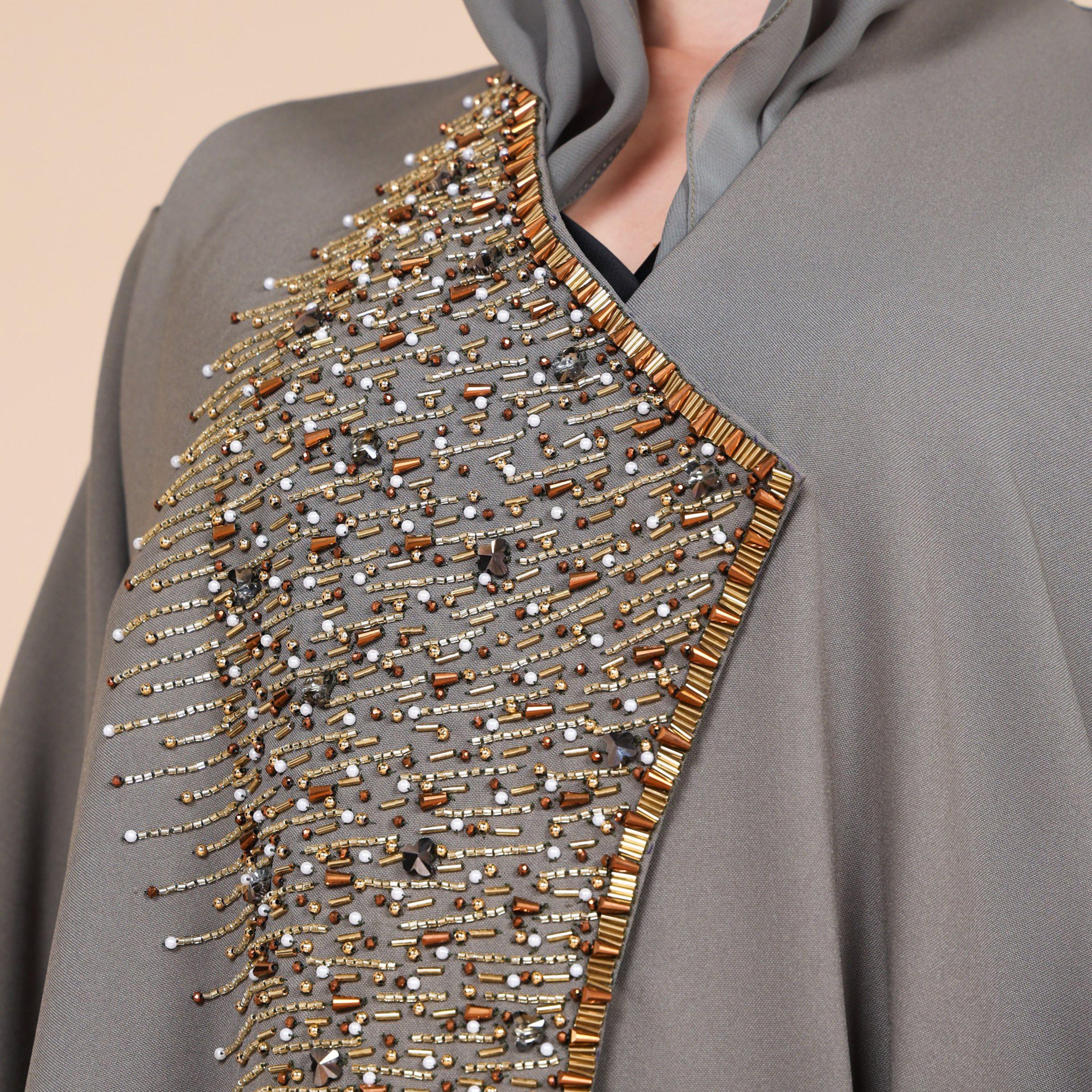 IKKXA Khaki Beaded Detail Crepe Women's Abaya with Hijab-women-arabicclothing-abayas-image-3