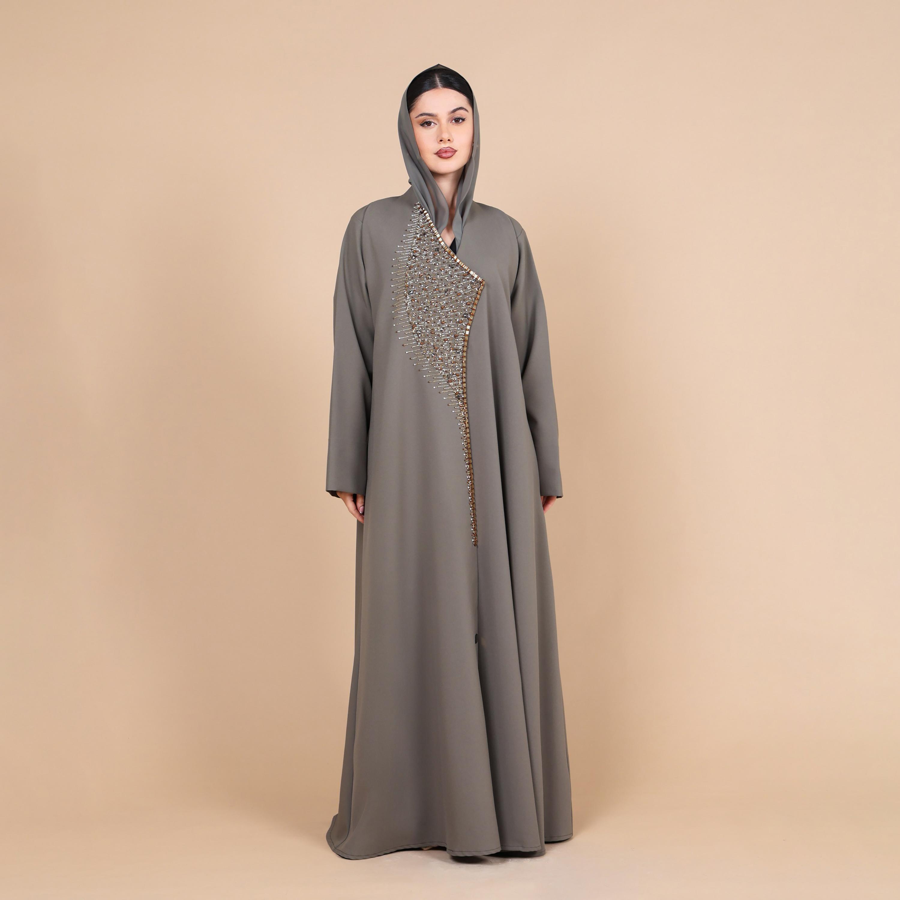 IKKXA Khaki Beaded Detail Crepe Women's Abaya with Hijab-women-arabicclothing-abayas-image-4