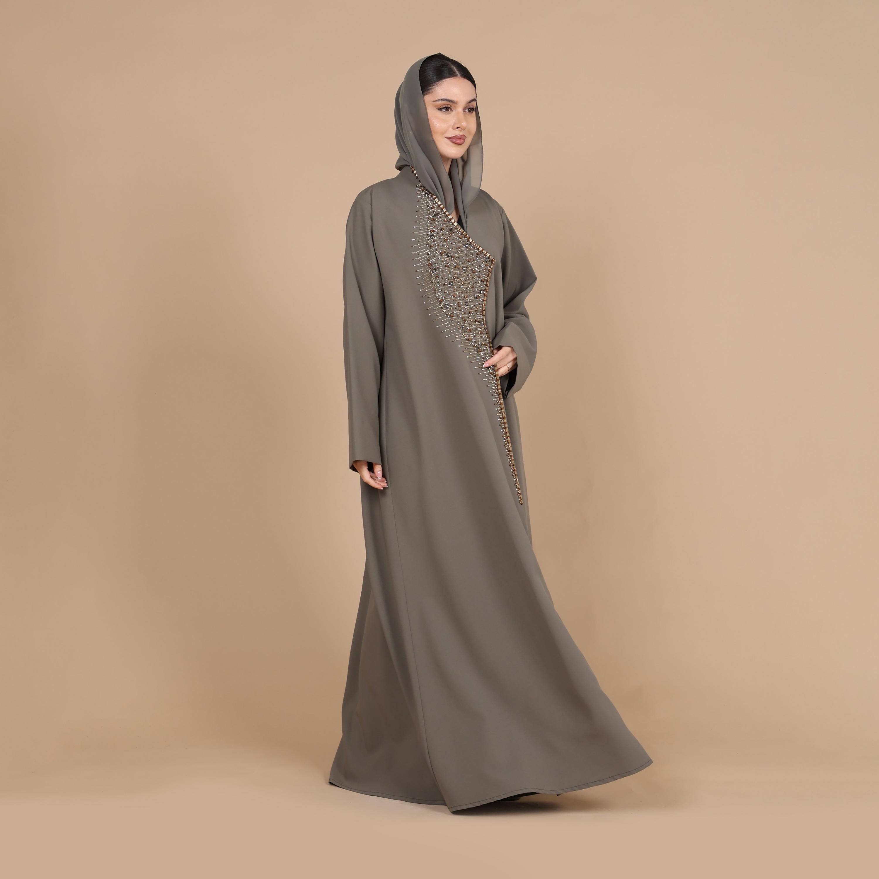 IKKXA Khaki Beaded Detail Crepe Women's Abaya with Hijab-women-arabicclothing-abayas-image-5