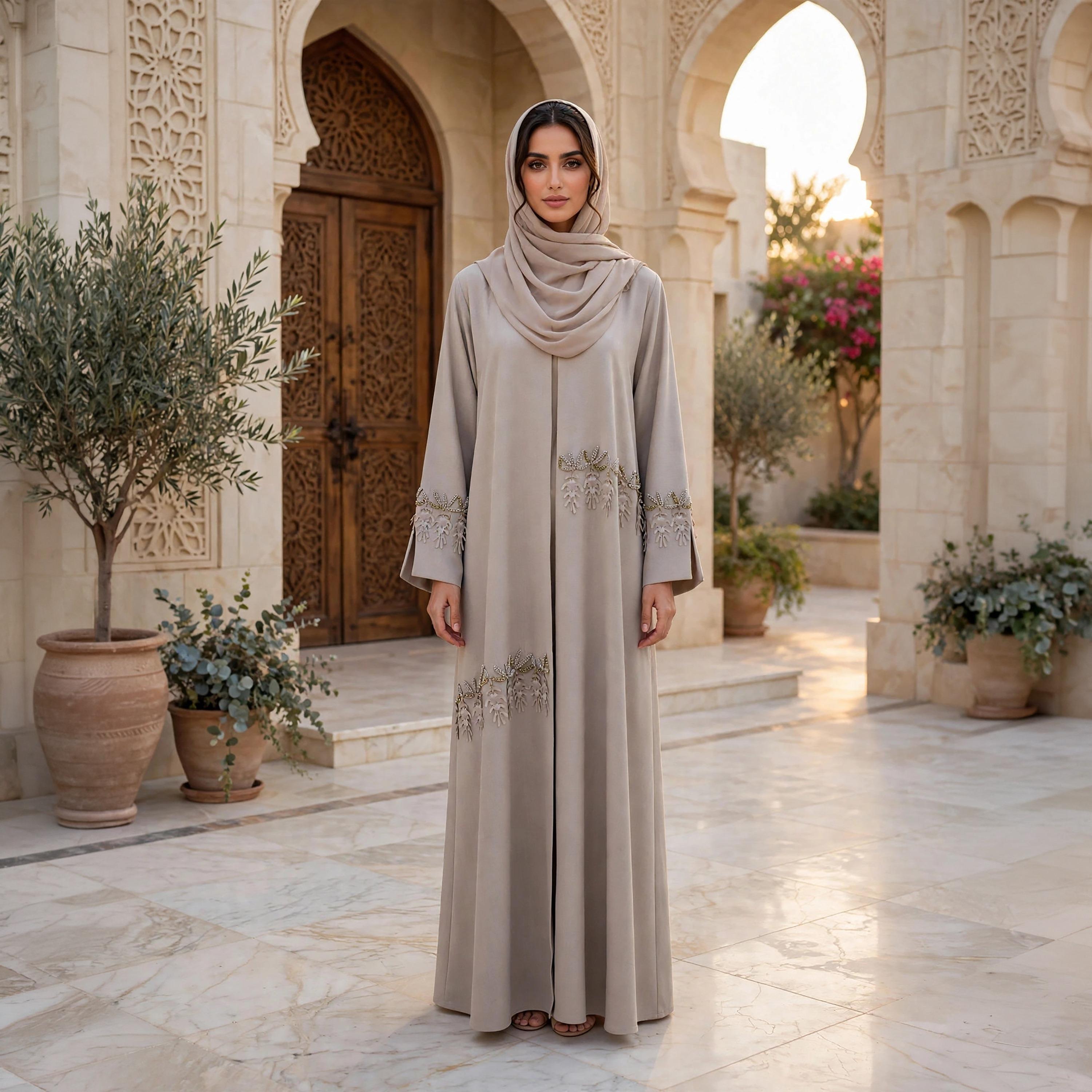 عباية نسائية بيج من الشيفون الجورجيت بقصة واسعة وأكمام مشقوقة وتفاصيل أبليك مع حجاب-women-arabicclothing-abayas-image-1