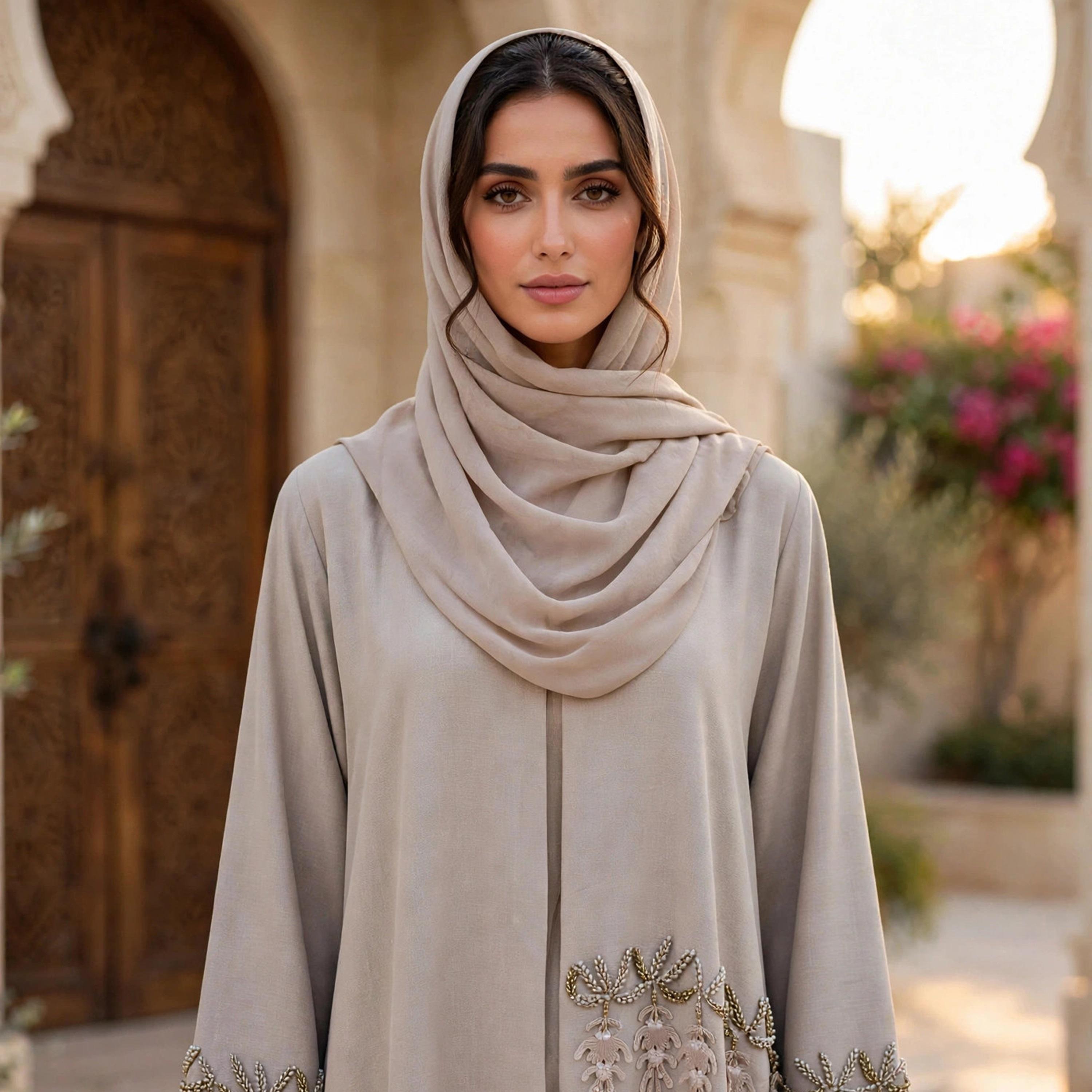 عباية نسائية بيج من الشيفون الجورجيت بقصة واسعة وأكمام مشقوقة وتفاصيل أبليك مع حجاب-women-arabicclothing-abayas-image-2