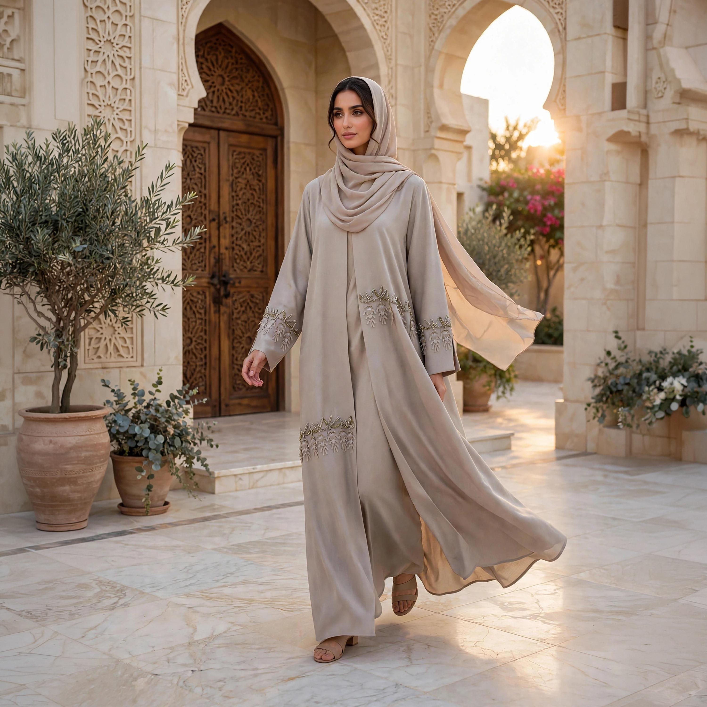عباية نسائية بيج من الشيفون الجورجيت بقصة واسعة وأكمام مشقوقة وتفاصيل أبليك مع حجاب-women-arabicclothing-abayas-image-3