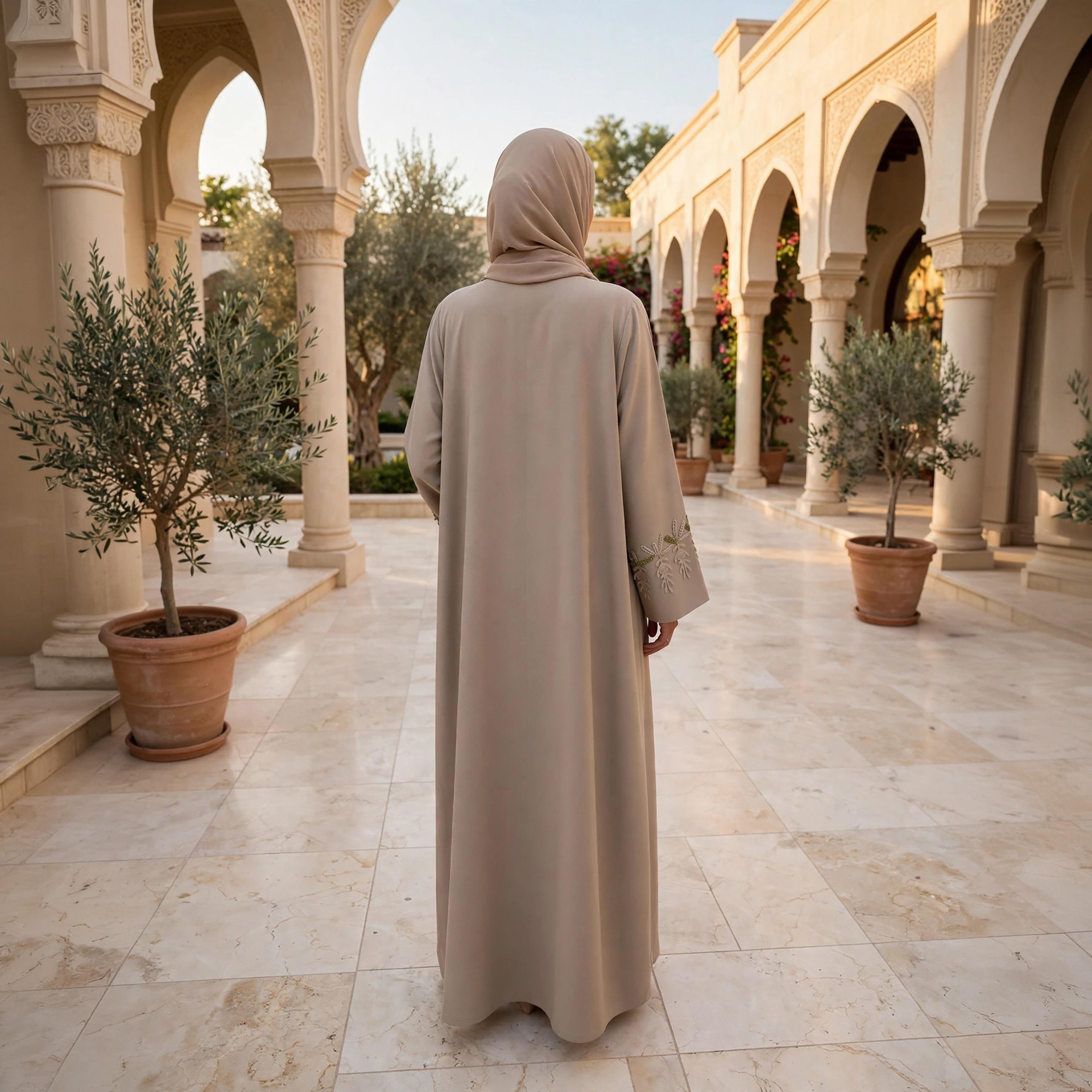 عباية نسائية بيج من الشيفون الجورجيت بقصة واسعة وأكمام مشقوقة وتفاصيل أبليك مع حجاب-women-arabicclothing-abayas-image-4