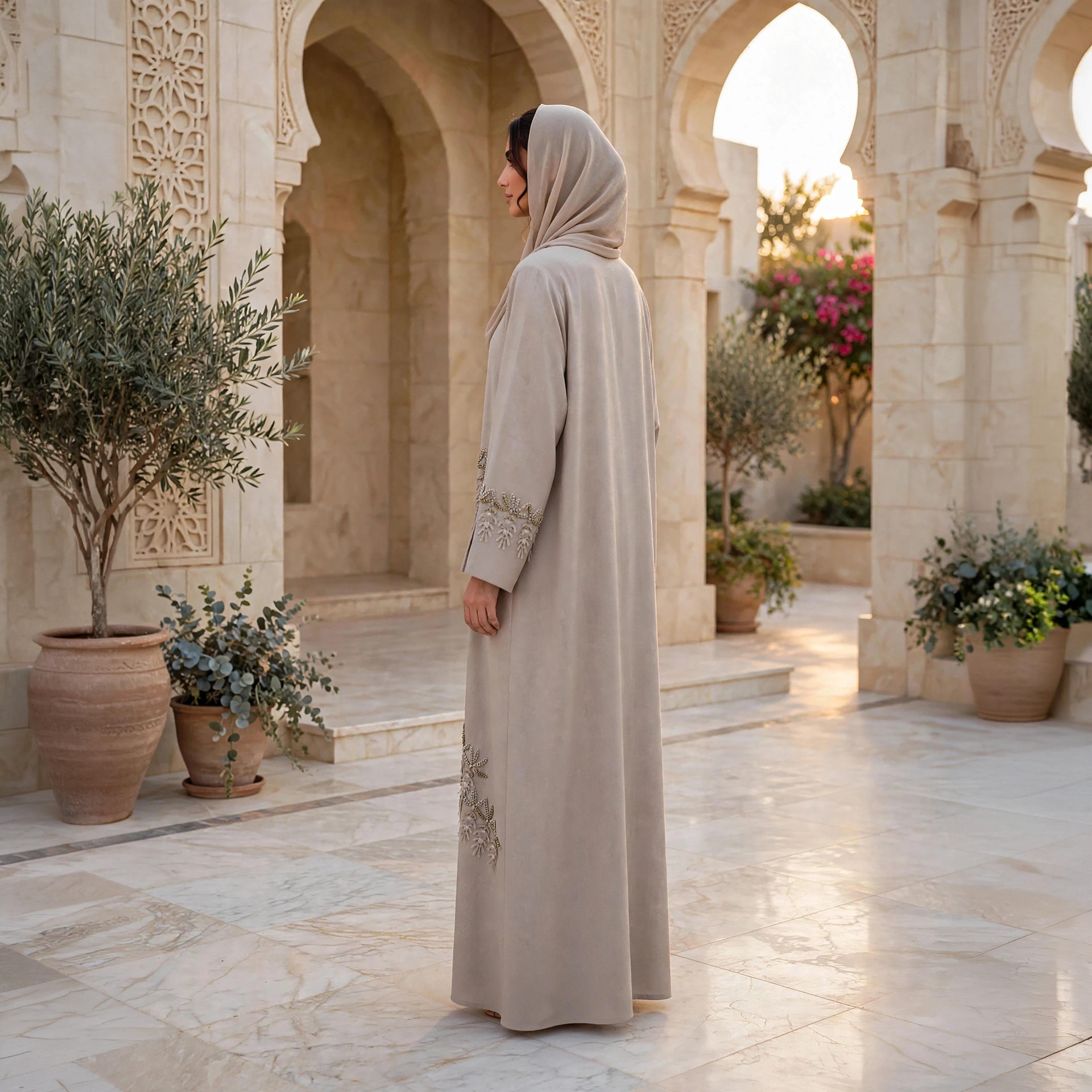عباية نسائية بيج من الشيفون الجورجيت بقصة واسعة وأكمام مشقوقة وتفاصيل أبليك مع حجاب-women-arabicclothing-abayas-image-5
