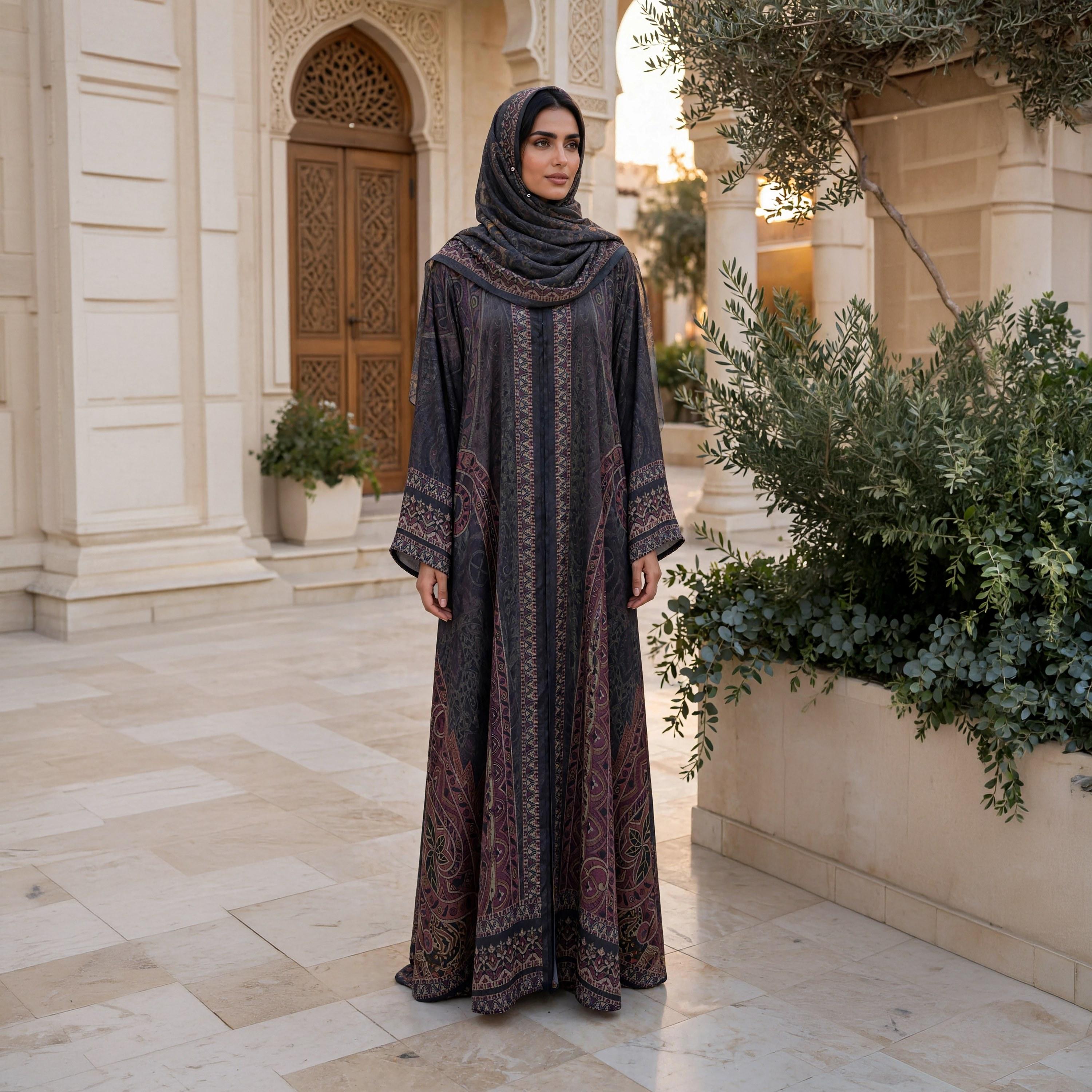 عباية حريمي واسعة نيدا ساتان بنقشة البيزلي الباروكية مع حجاب باللون الرمادي من إككسا-women-arabicclothing-abayas-image-1