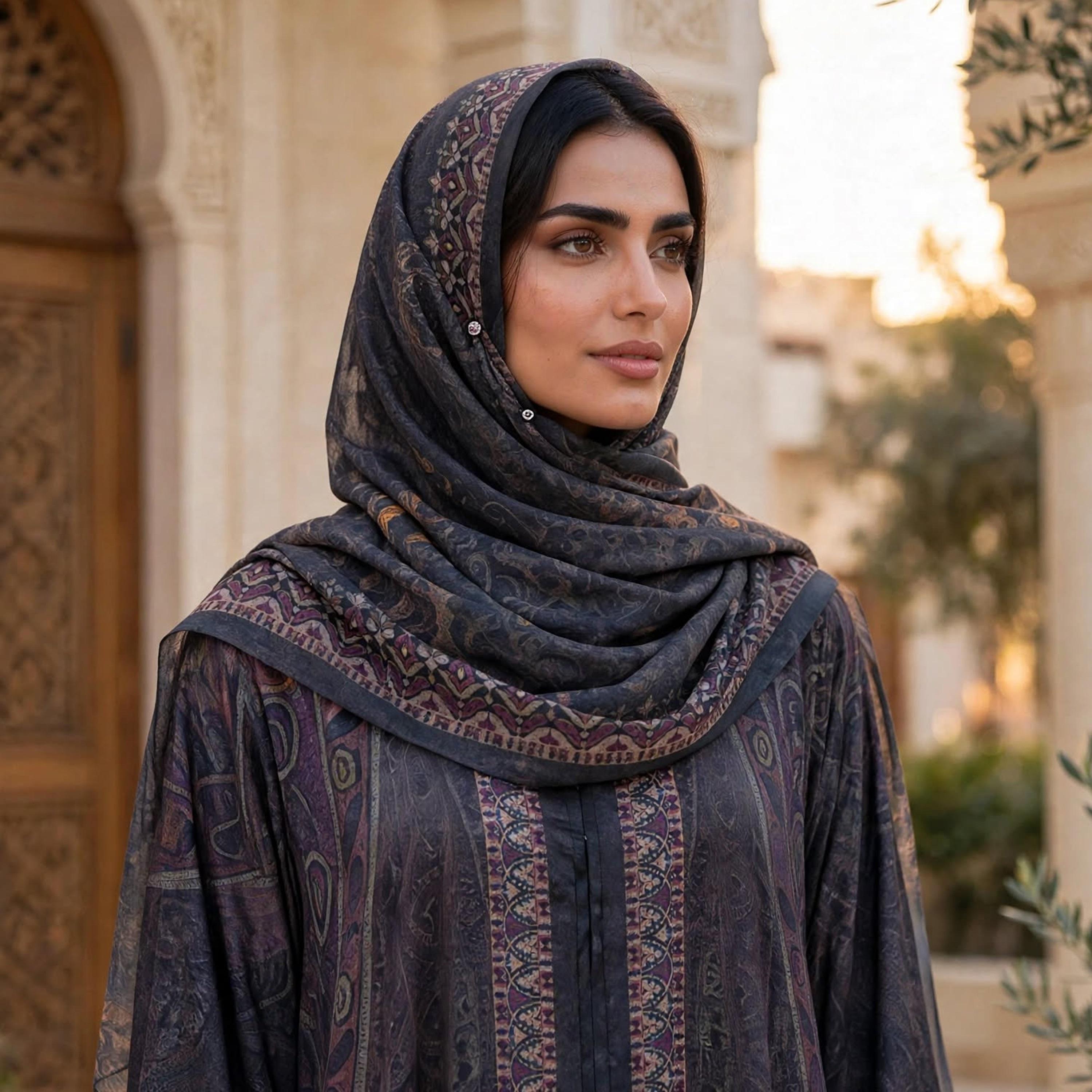 عباية حريمي واسعة نيدا ساتان بنقشة البيزلي الباروكية مع حجاب باللون الرمادي من إككسا-women-arabicclothing-abayas-image-2