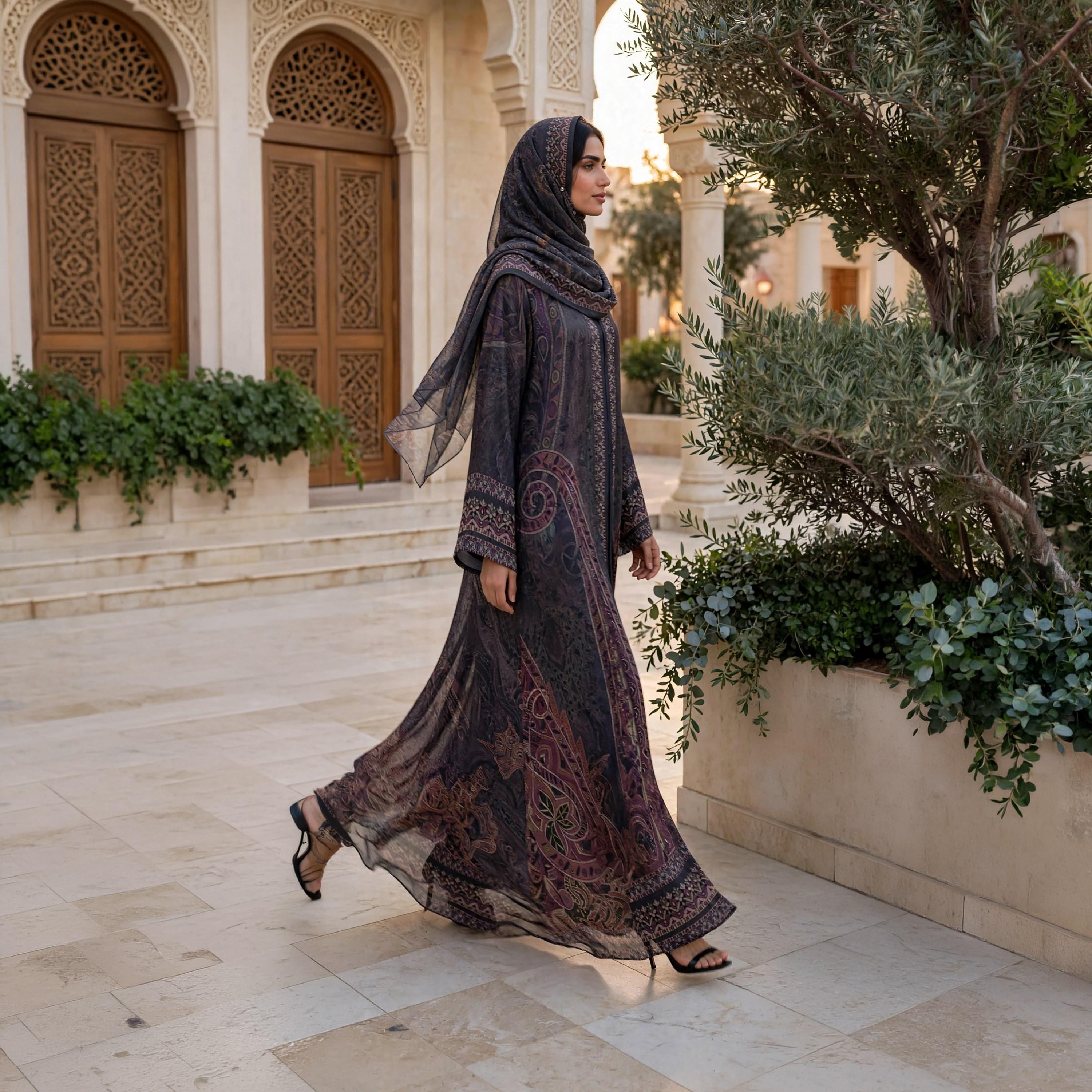 عباية حريمي واسعة نيدا ساتان بنقشة البيزلي الباروكية مع حجاب باللون الرمادي من إككسا-women-arabicclothing-abayas-image-3