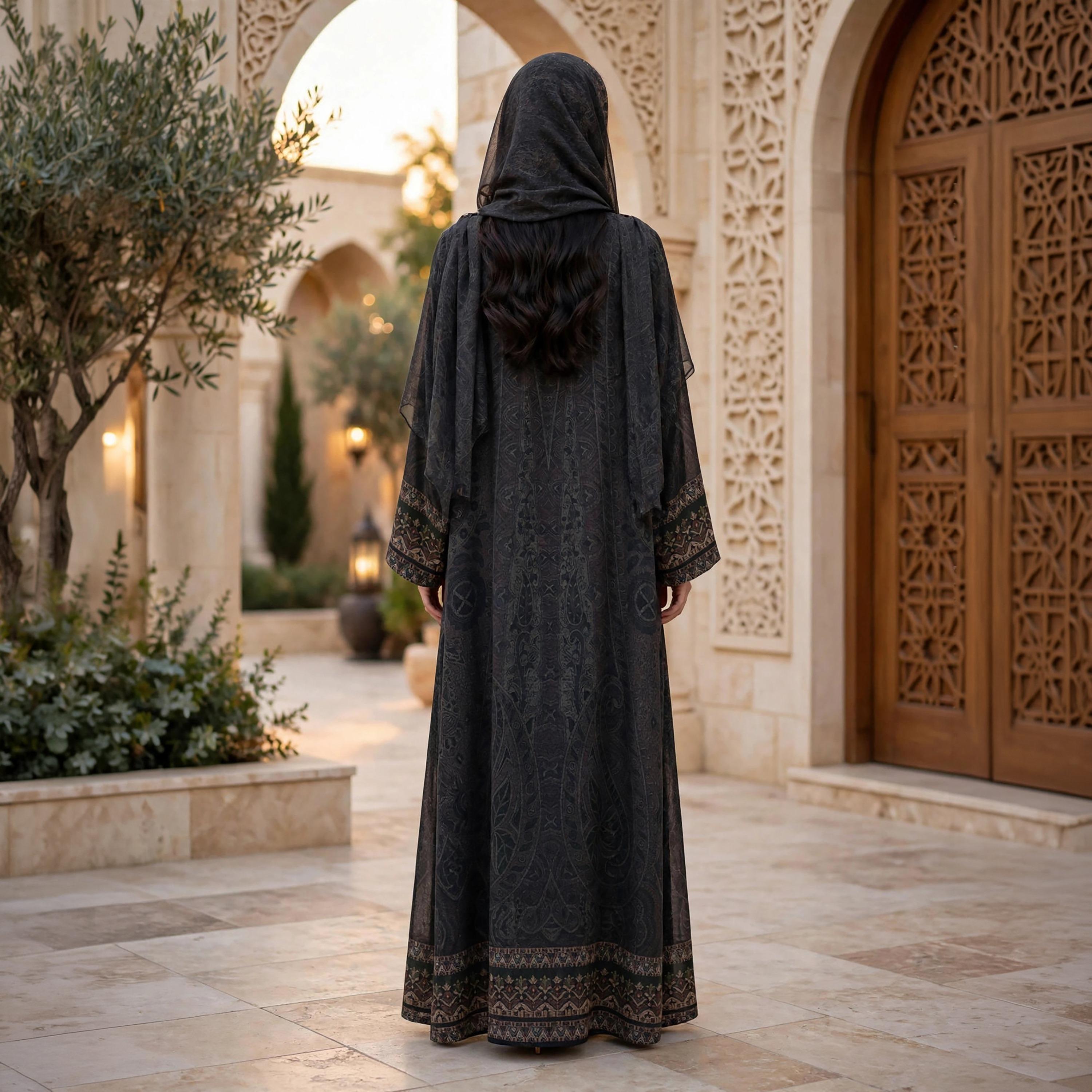 عباية حريمي واسعة نيدا ساتان بنقشة البيزلي الباروكية مع حجاب باللون الرمادي من إككسا-women-arabicclothing-abayas-image-4