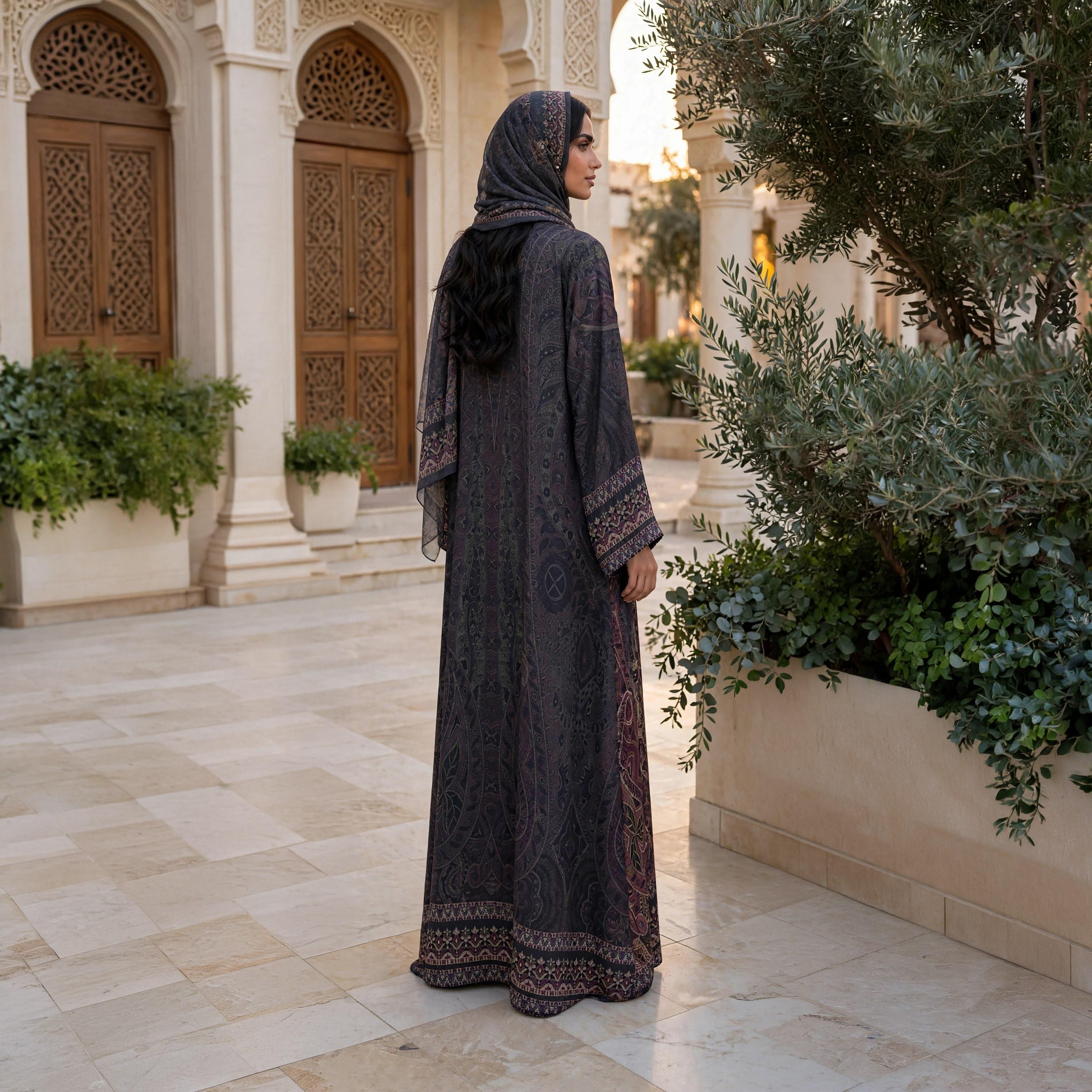 عباية حريمي واسعة نيدا ساتان بنقشة البيزلي الباروكية مع حجاب باللون الرمادي من إككسا-women-arabicclothing-abayas-image-5