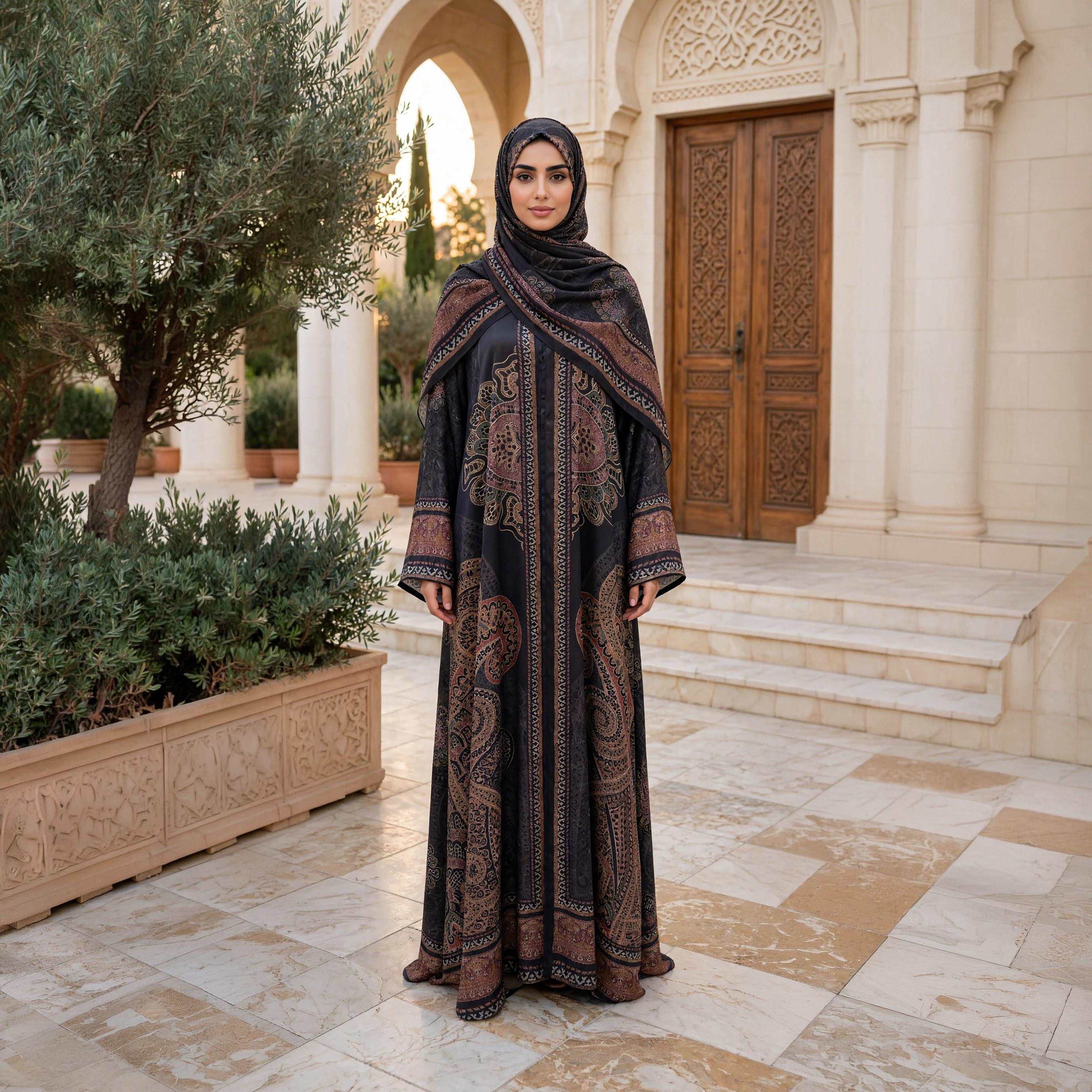 IKKXA Black Medallion Paisley Nida Satin Women's Flared Abaya with Hijab-women-arabicclothing-abayas-image-1