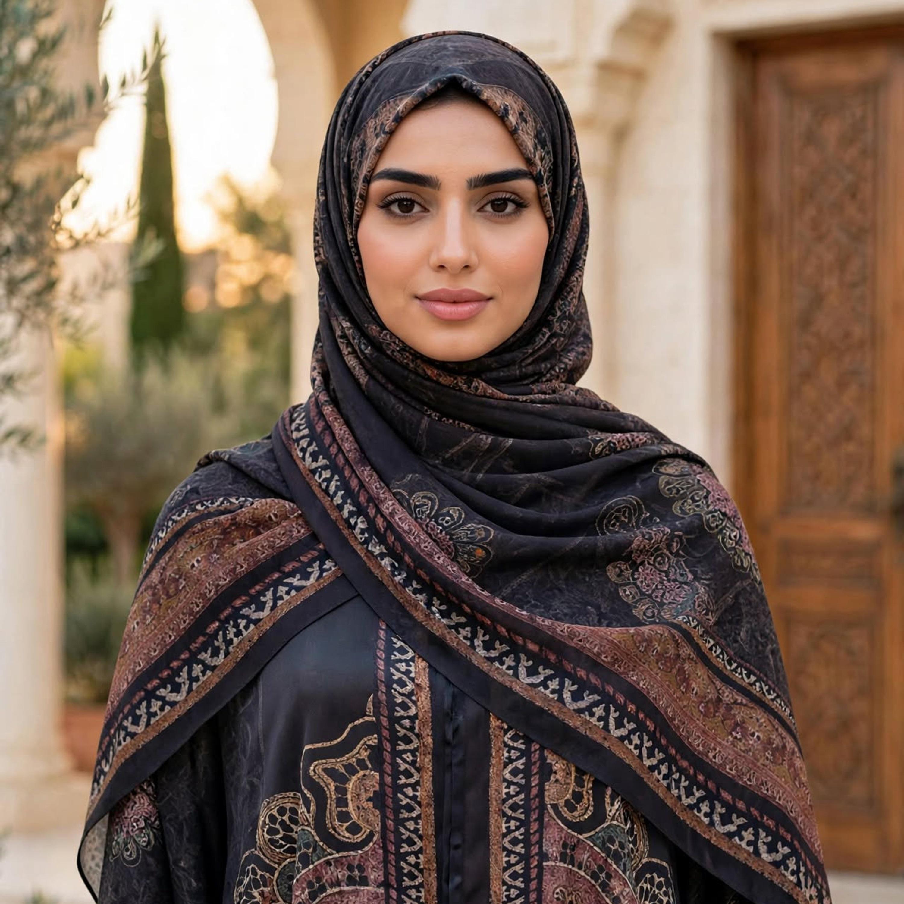 IKKXA Black Medallion Paisley Nida Satin Women's Flared Abaya with Hijab-women-arabicclothing-abayas-image-2