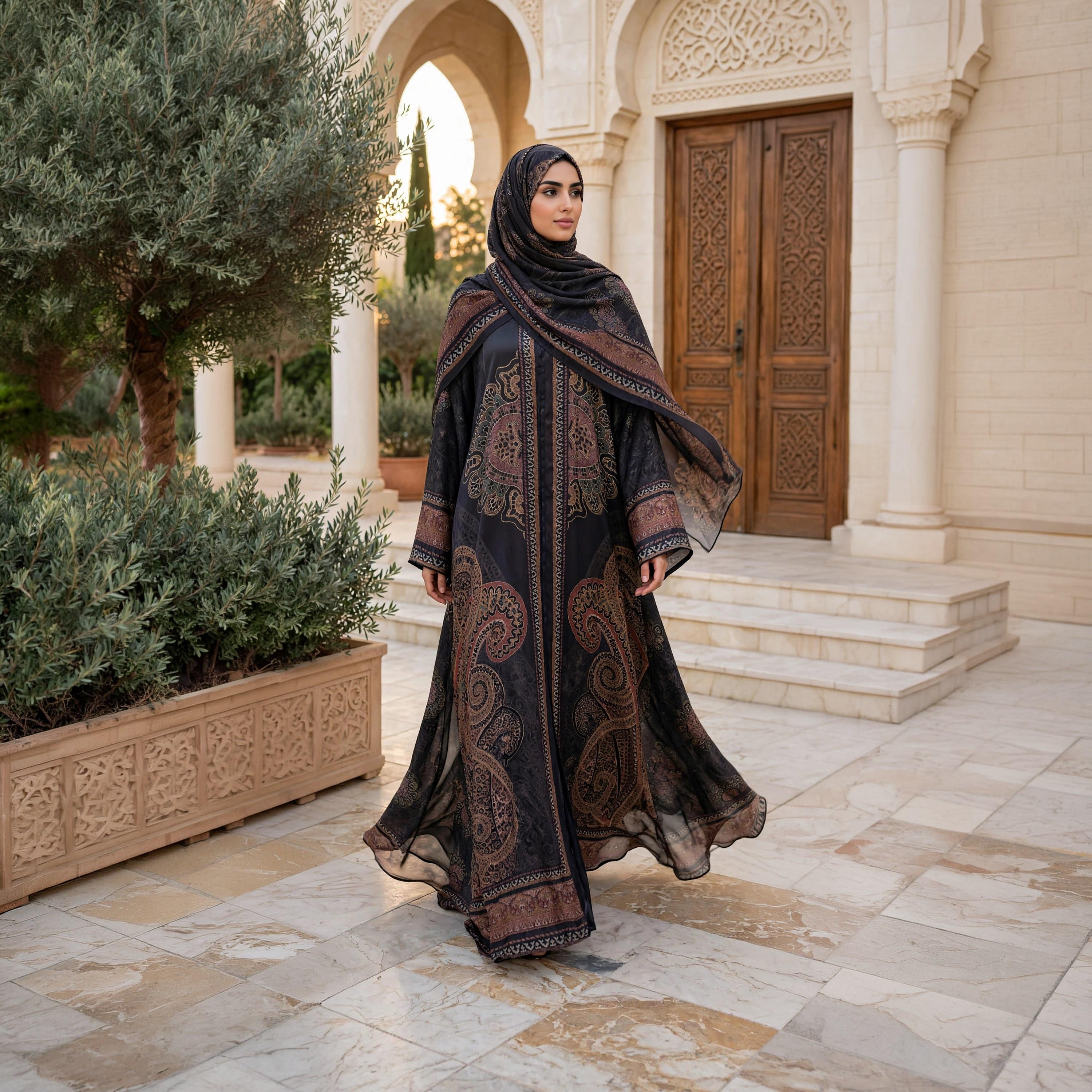 IKKXA Black Medallion Paisley Nida Satin Women's Flared Abaya with Hijab-women-arabicclothing-abayas-image-3