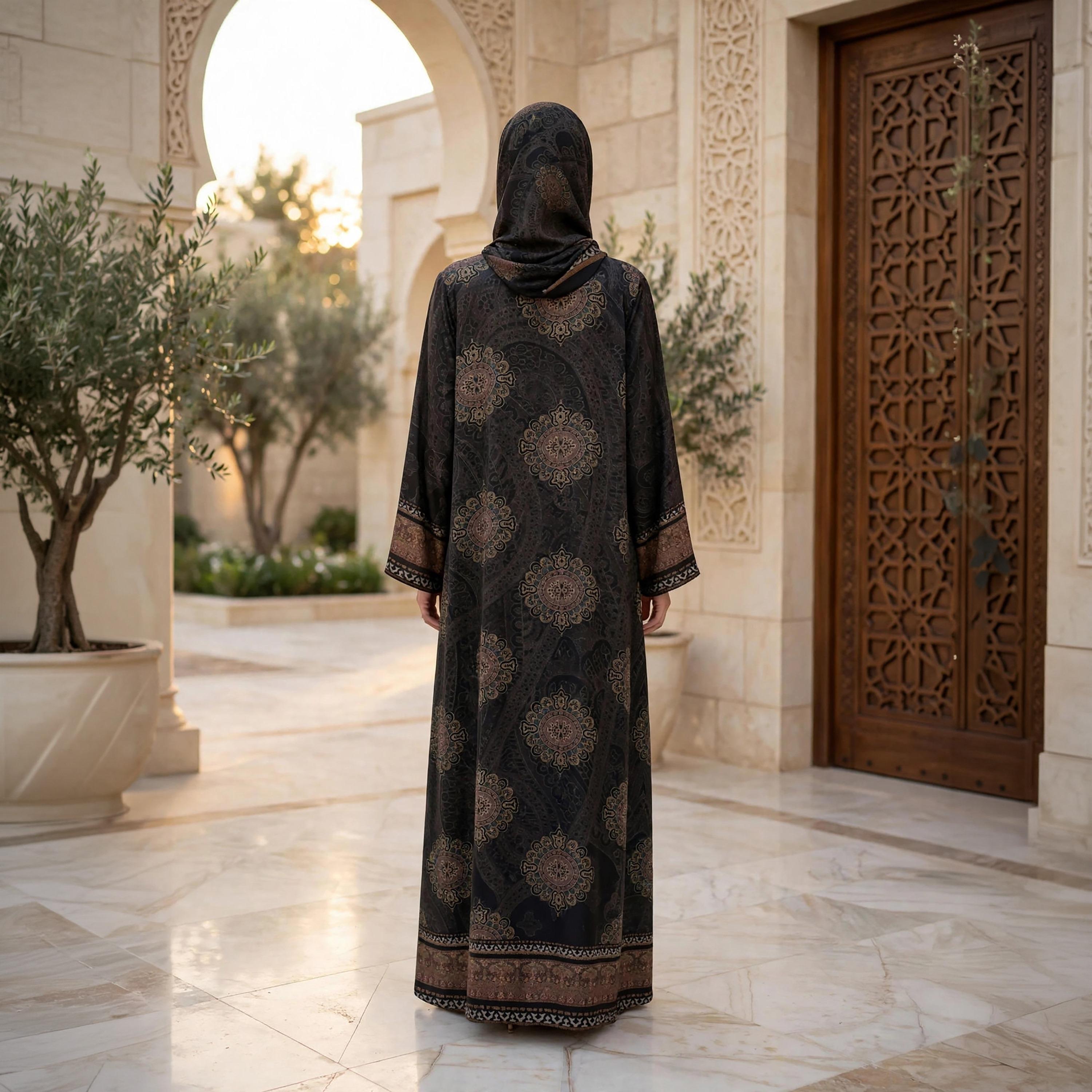 IKKXA Black Medallion Paisley Nida Satin Women's Flared Abaya with Hijab-women-arabicclothing-abayas-image-4