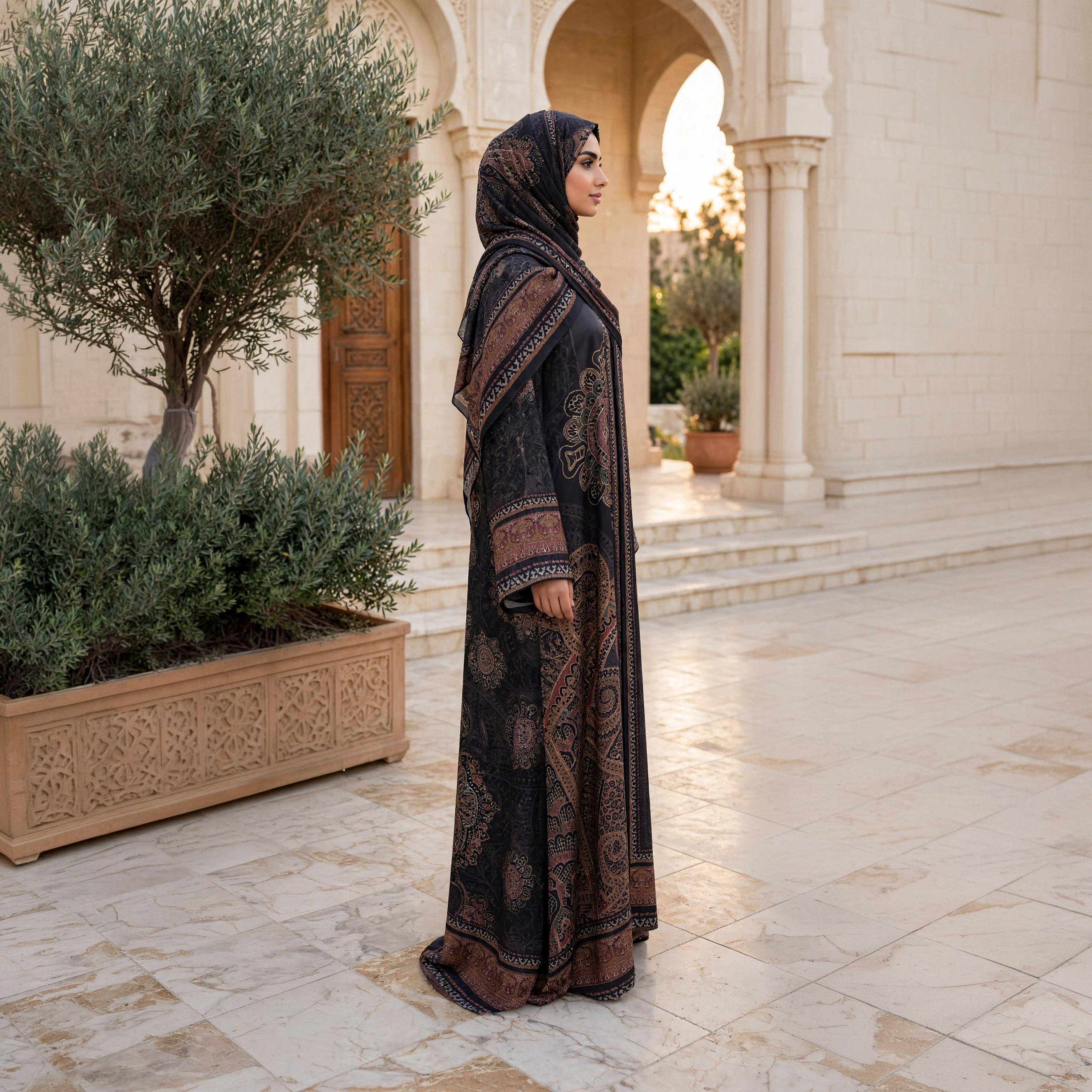 IKKXA Black Medallion Paisley Nida Satin Women's Flared Abaya with Hijab-women-arabicclothing-abayas-image-5