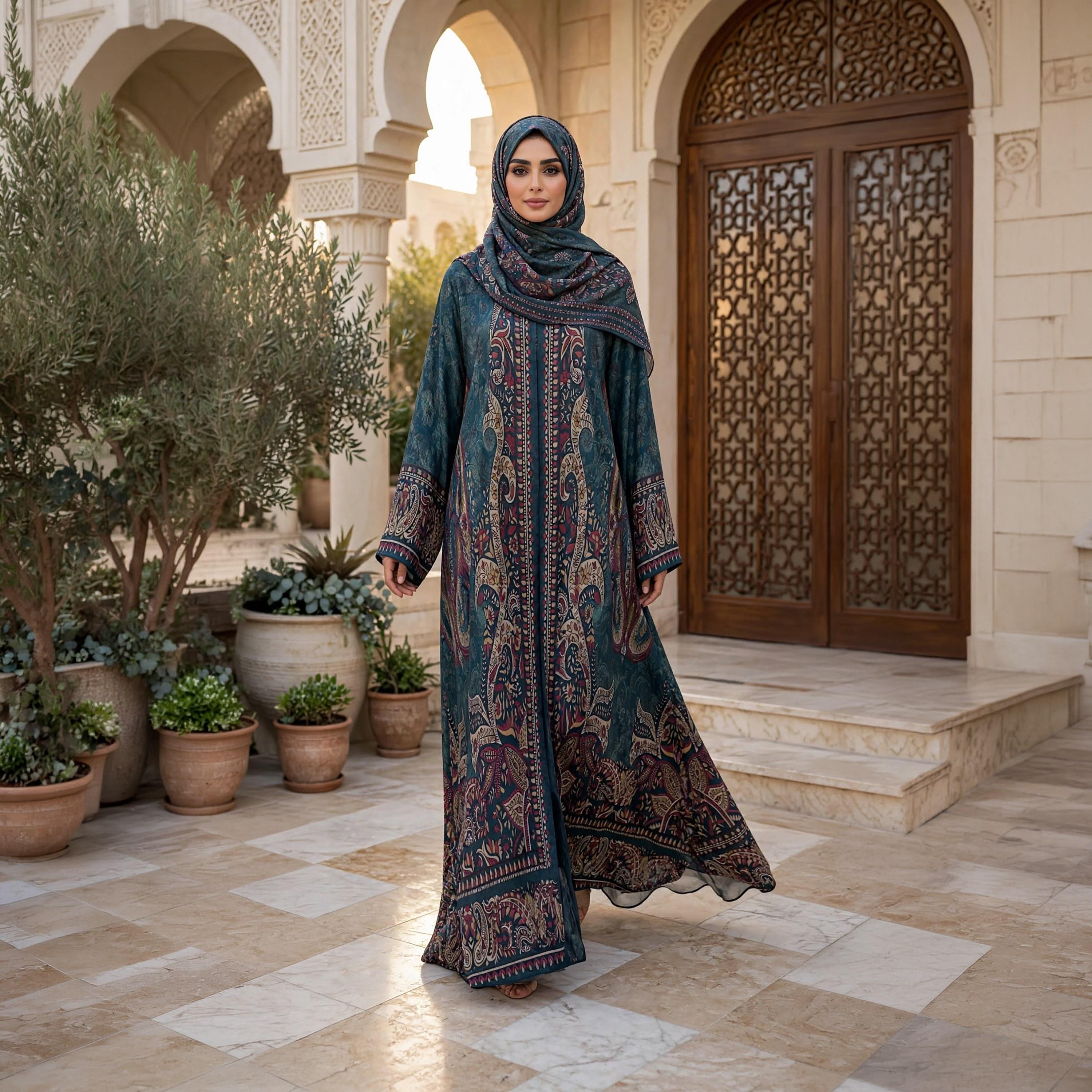 عباية حريمي واسعة نيدا ساتان بأكمام واسعة ونقشة البيزلي مع حجاب باللون الأخضر من إككسا-women-arabicclothing-abayas-image-1