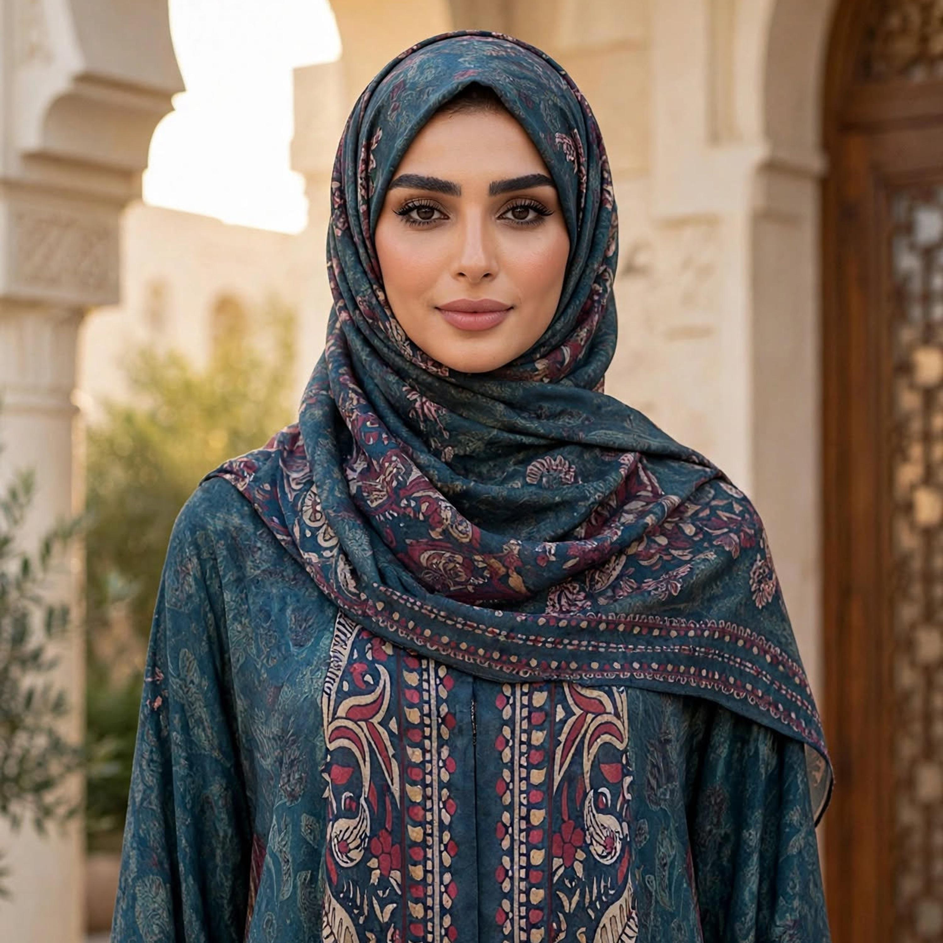 عباية حريمي واسعة نيدا ساتان بأكمام واسعة ونقشة البيزلي مع حجاب باللون الأخضر من إككسا-women-arabicclothing-abayas-image-2