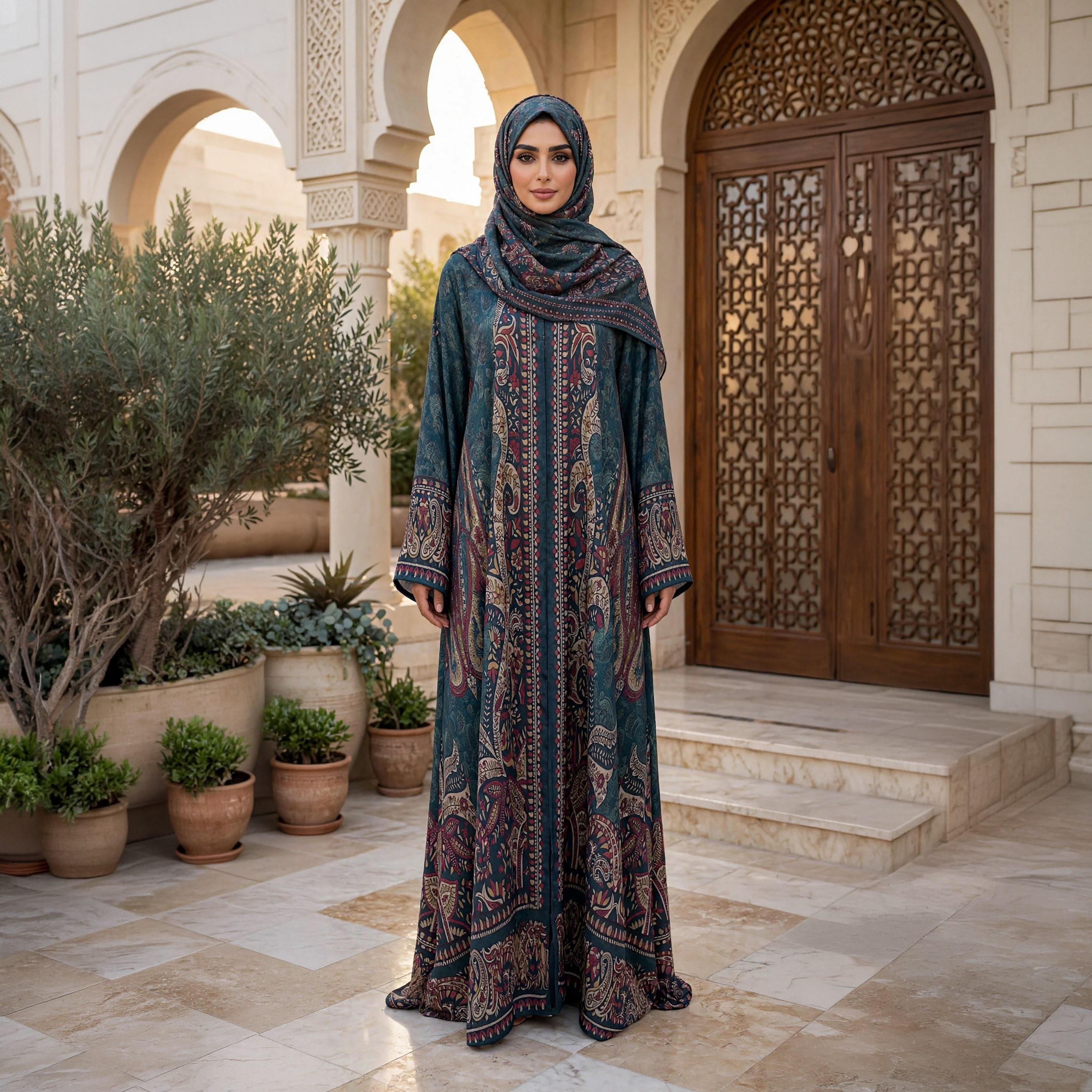 عباية حريمي واسعة نيدا ساتان بأكمام واسعة ونقشة البيزلي مع حجاب باللون الأخضر من إككسا-women-arabicclothing-abayas-image-3