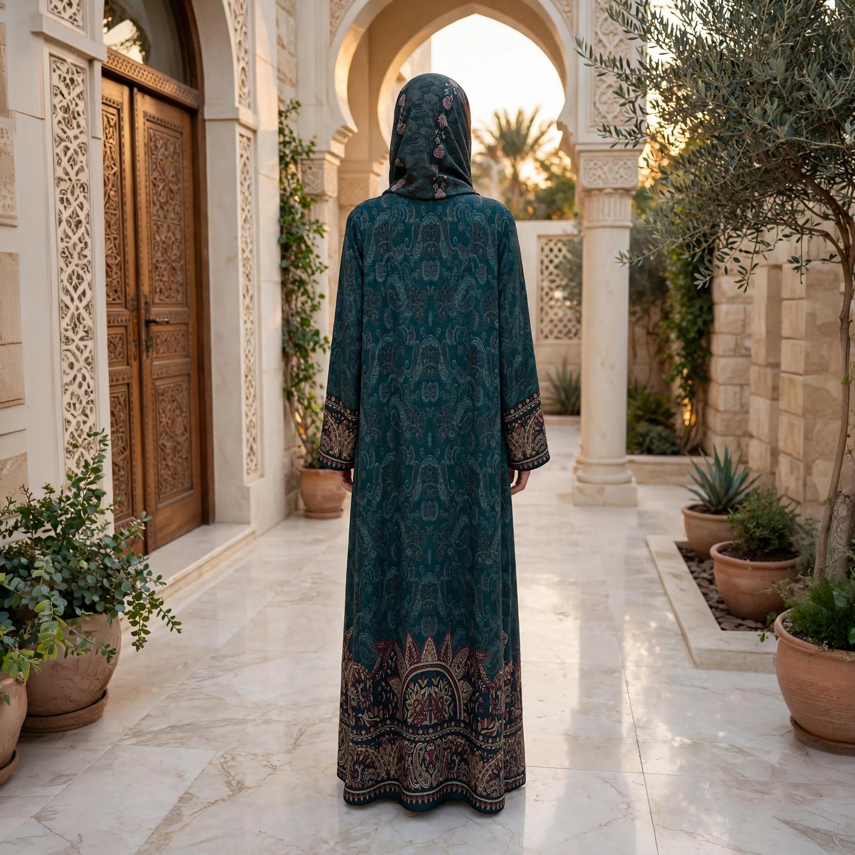عباية حريمي واسعة نيدا ساتان بأكمام واسعة ونقشة البيزلي مع حجاب باللون الأخضر من إككسا-women-arabicclothing-abayas-image-4