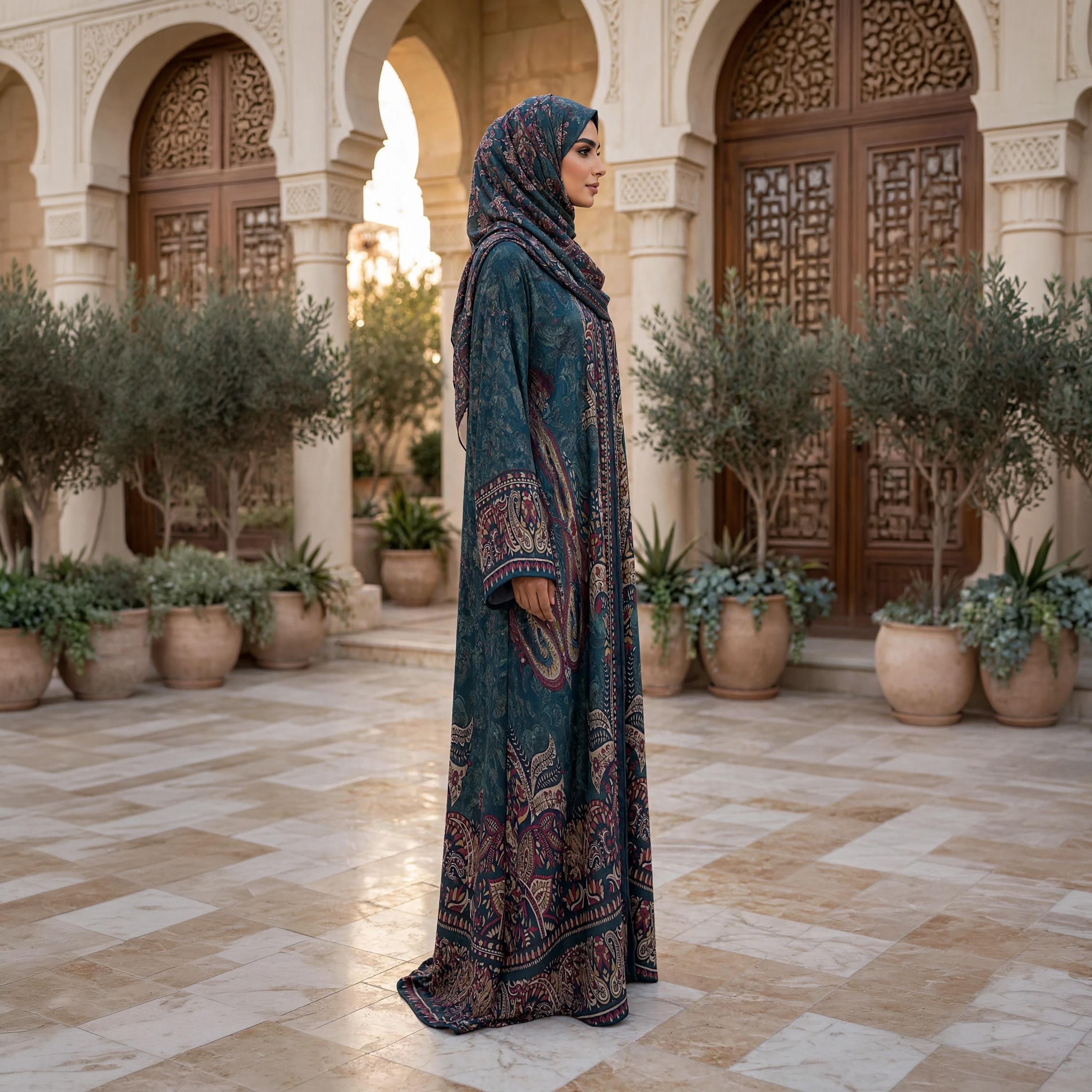 IKKXA Green Paisley Wide Sleeves Nida Satin Women's Flared Abaya with Hijab-women-arabicclothing-abayas-image-5