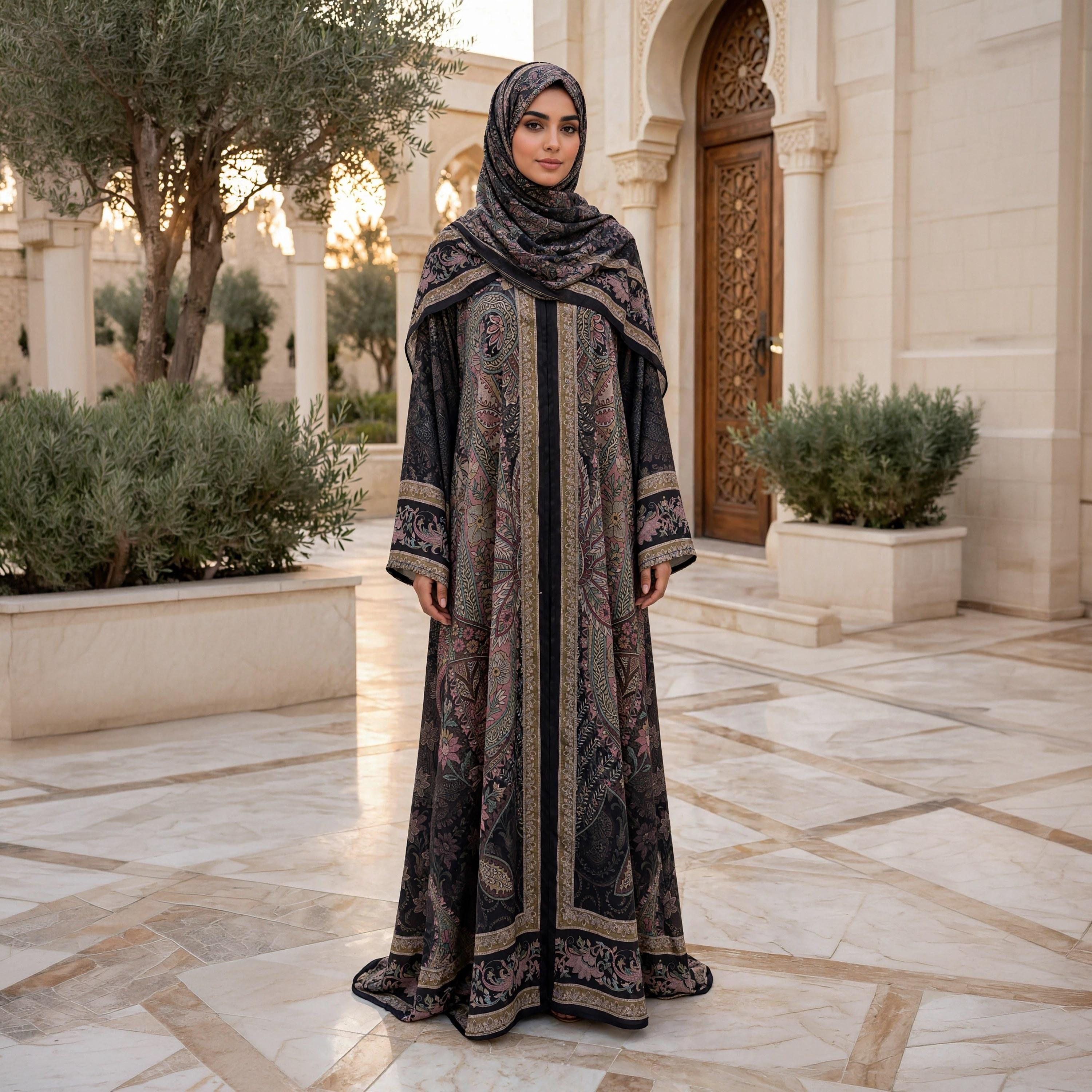 IKKXA Black Paisley Floral Nida Satin Women's Flared Abaya with Hijab-women-arabicclothing-abayas-image-1