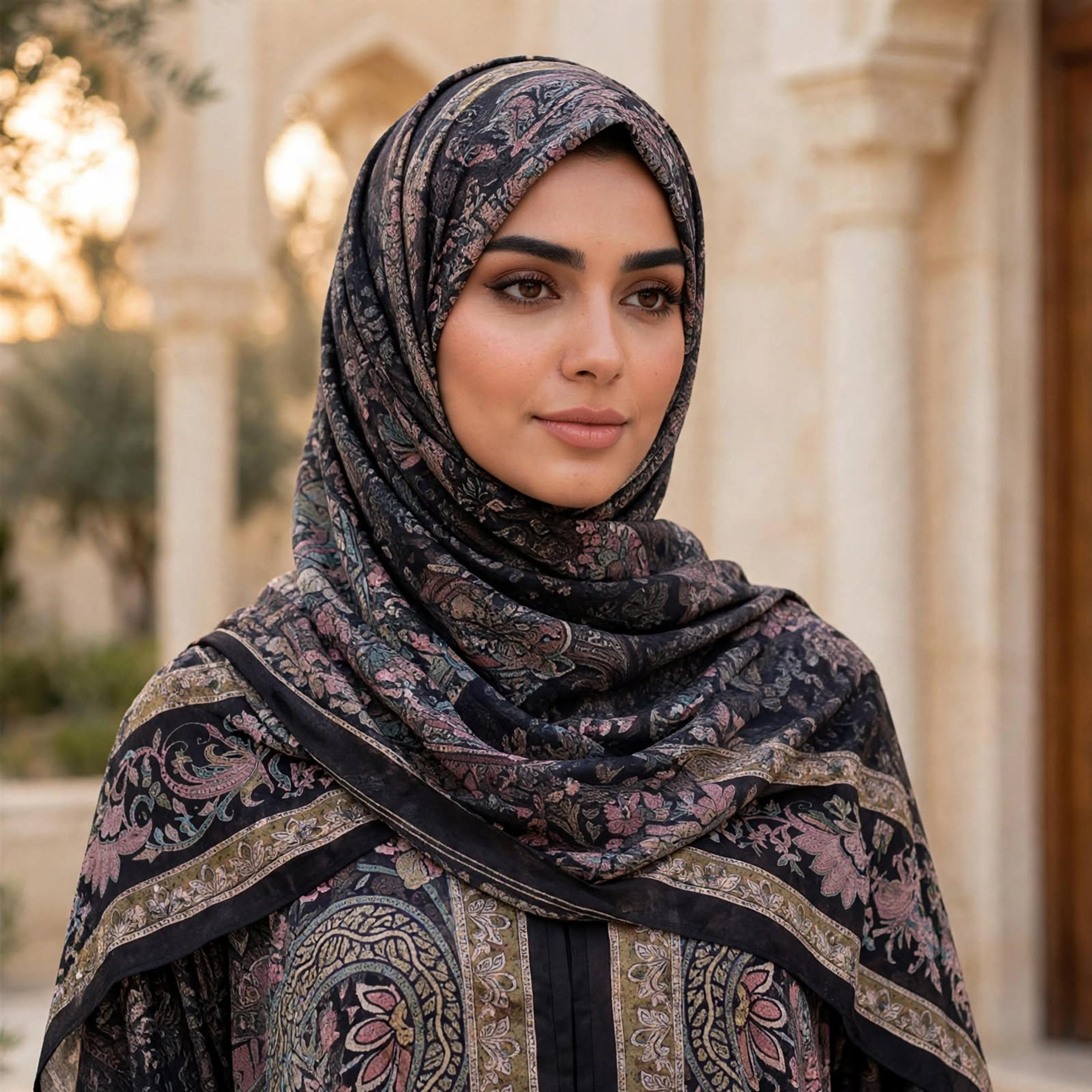 IKKXA Black Paisley Floral Nida Satin Women's Flared Abaya with Hijab-women-arabicclothing-abayas-image-2