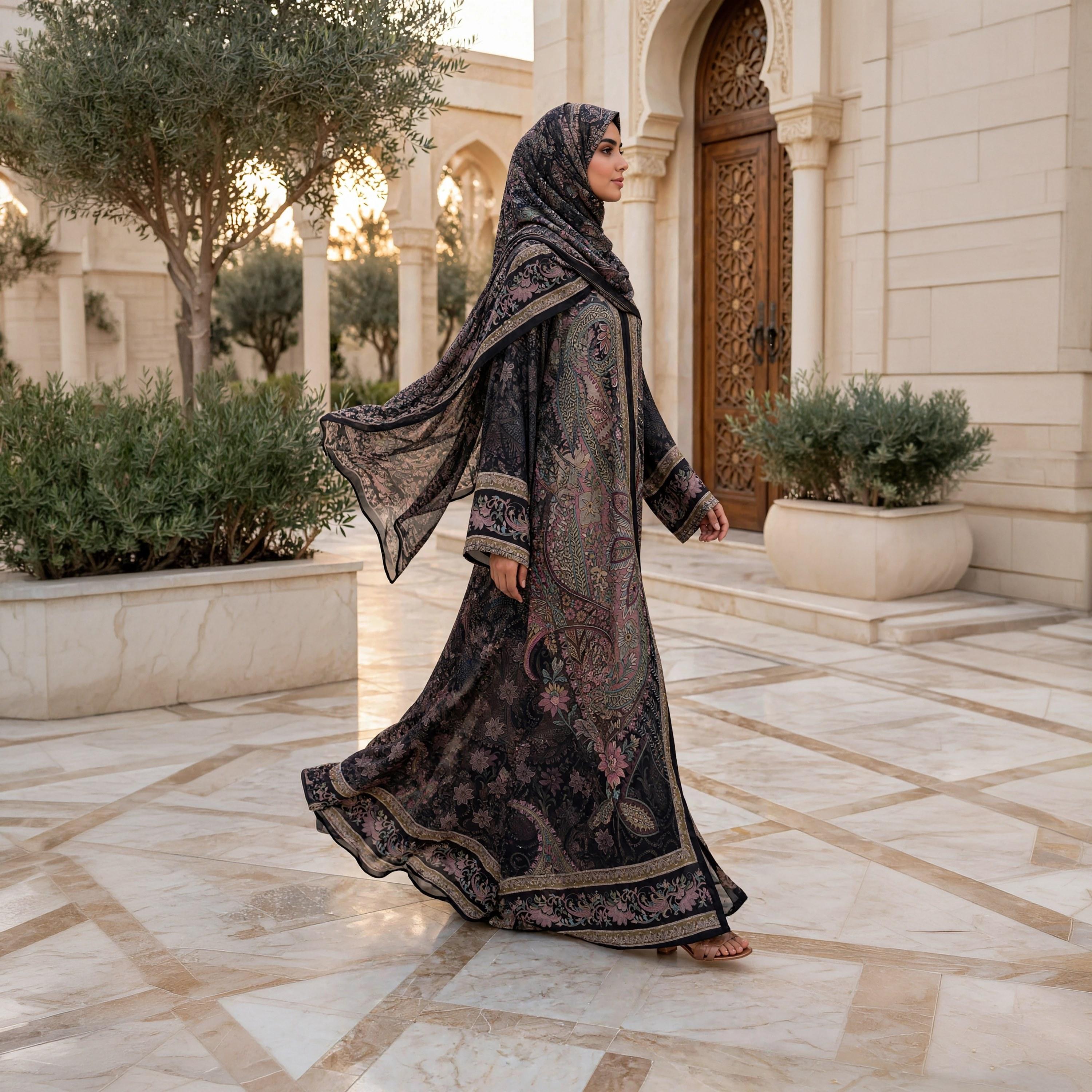 IKKXA Black Paisley Floral Nida Satin Women's Flared Abaya with Hijab-women-arabicclothing-abayas-image-3