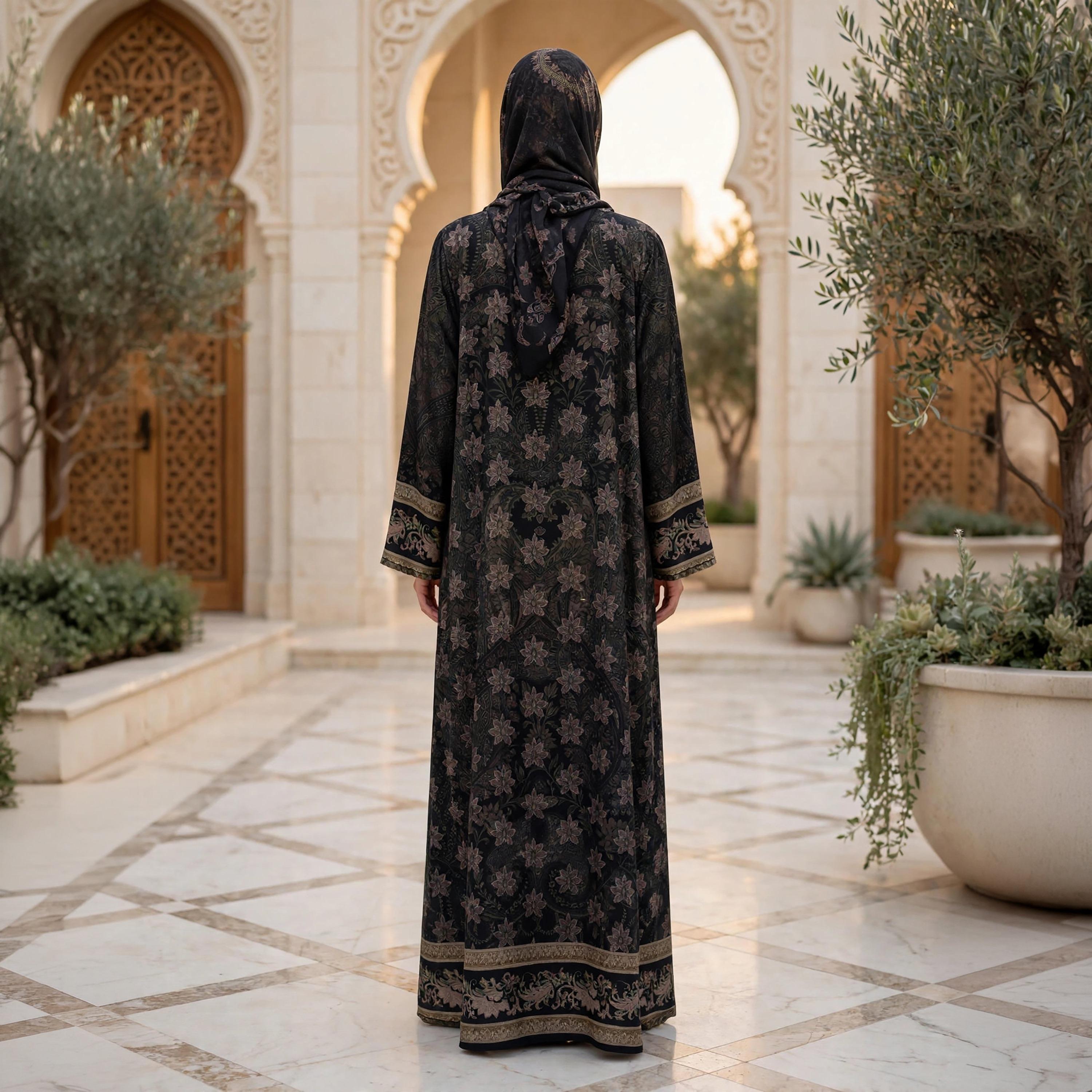 IKKXA Black Paisley Floral Nida Satin Women's Flared Abaya with Hijab-women-arabicclothing-abayas-image-4