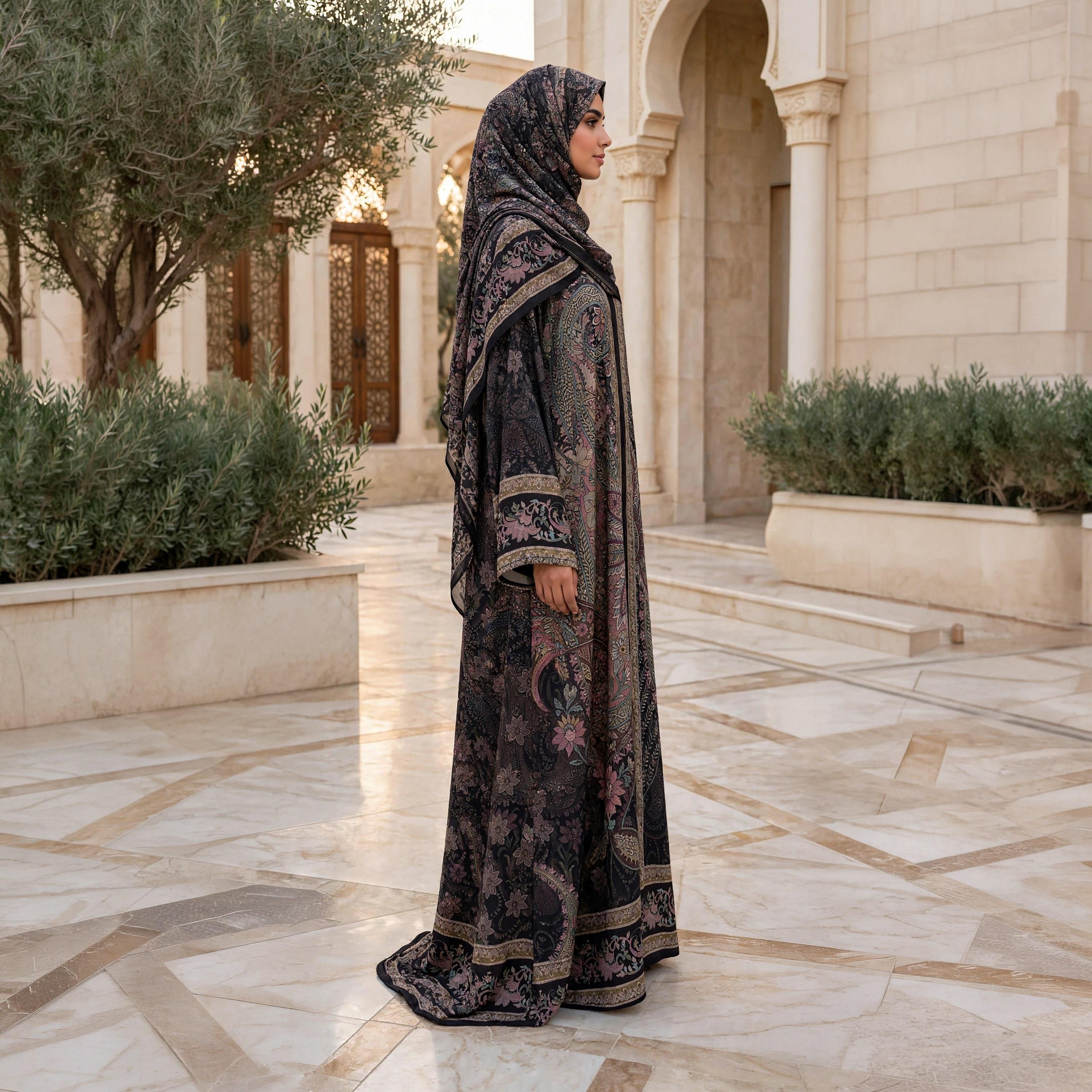 IKKXA Black Paisley Floral Nida Satin Women's Flared Abaya with Hijab-women-arabicclothing-abayas-image-5