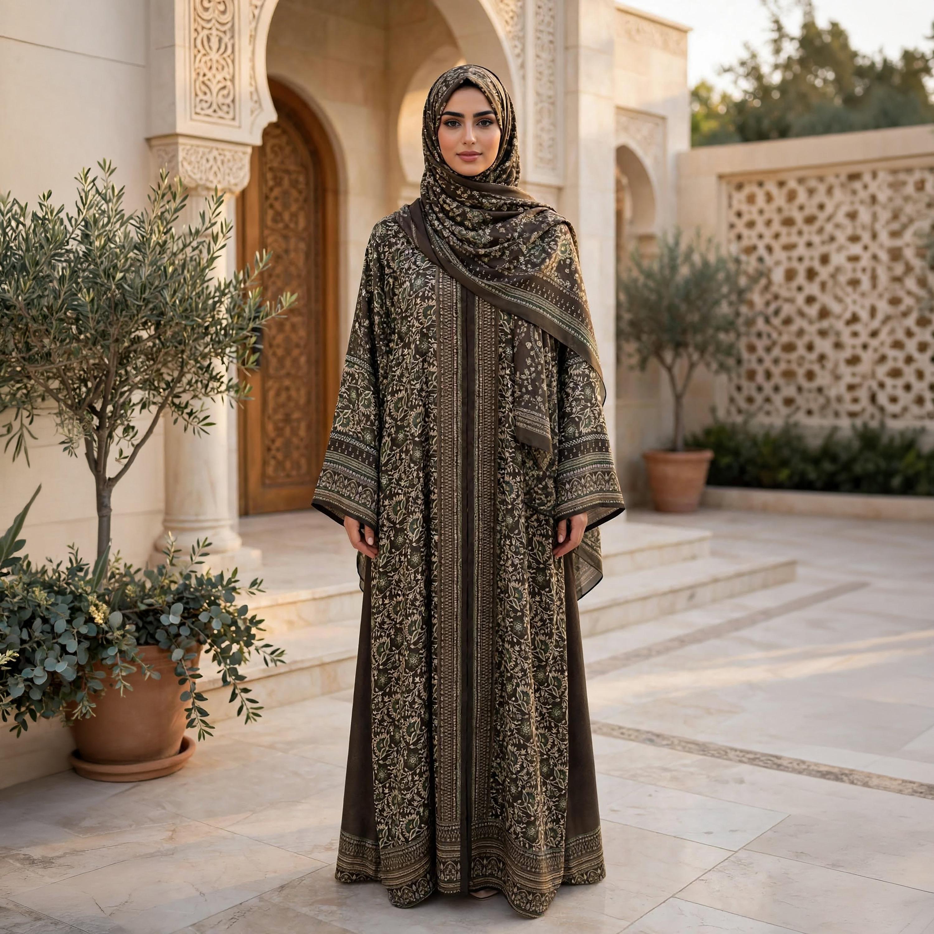 IKKXA Olive Floral Wide Sleeves Armani Satin Women's Flared Abaya with Hijab-women-arabicclothing-abayas-image-1