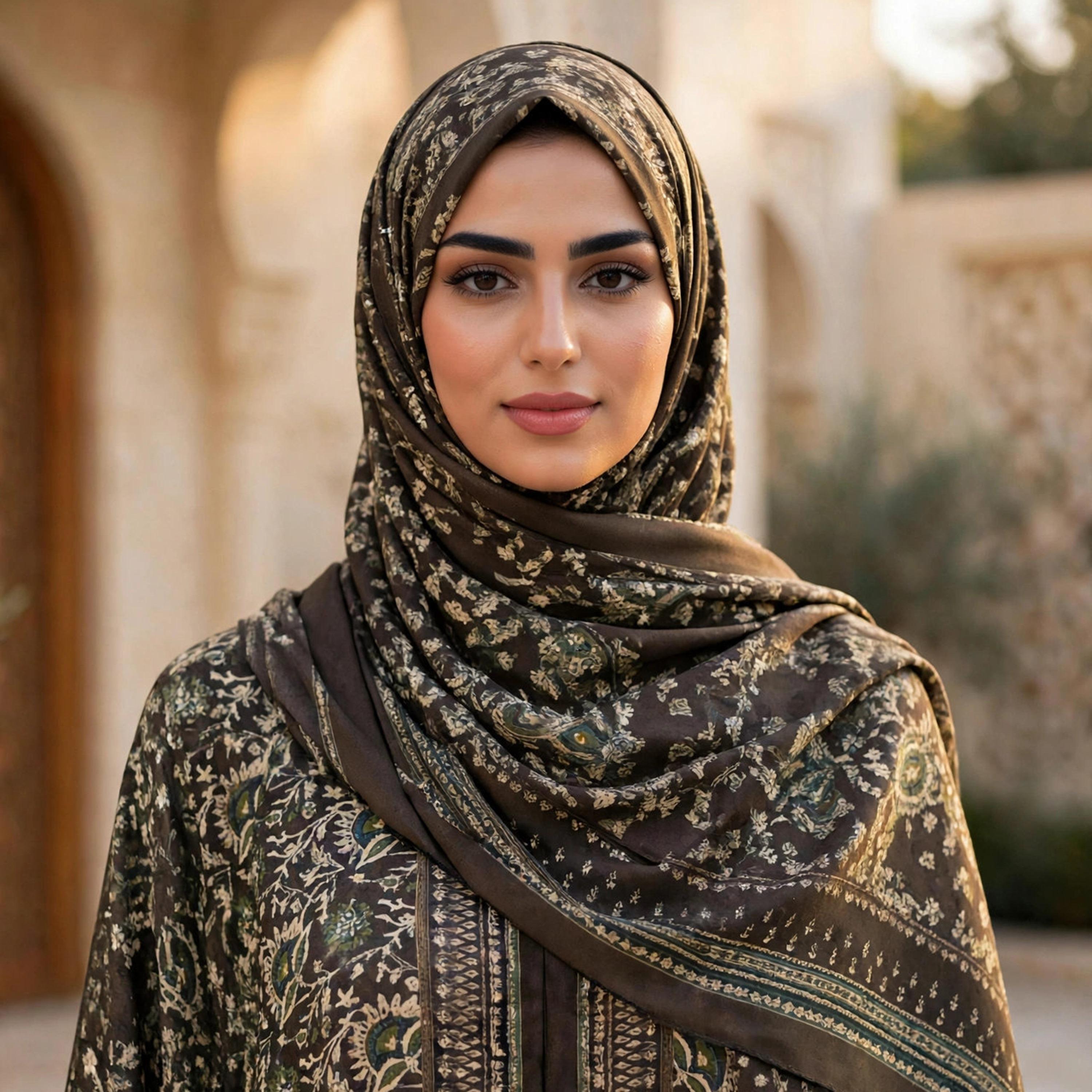 IKKXA Olive Floral Wide Sleeves Armani Satin Women's Flared Abaya with Hijab-women-arabicclothing-abayas-image-2