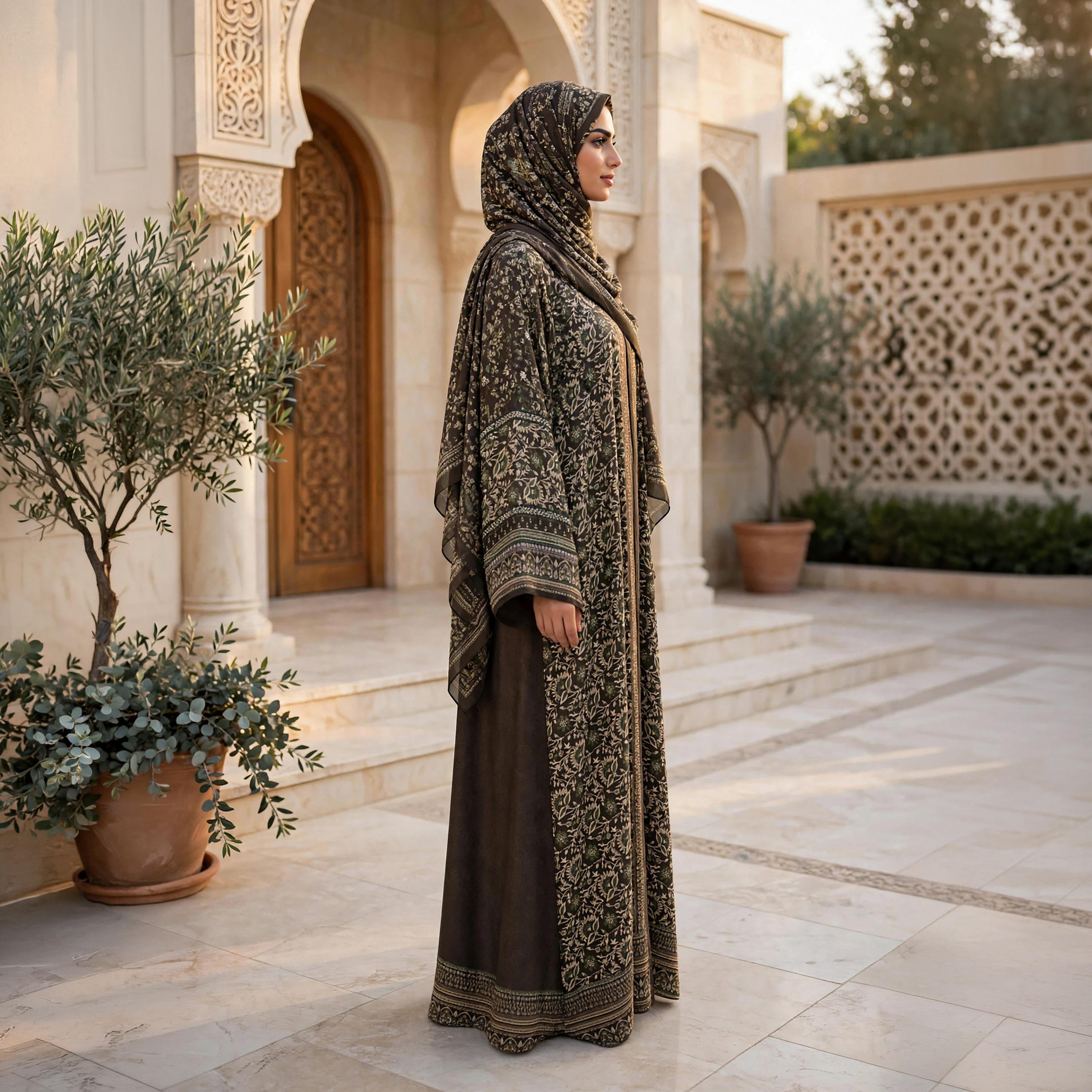 IKKXA Olive Floral Wide Sleeves Armani Satin Women's Flared Abaya with Hijab-women-arabicclothing-abayas-image-3