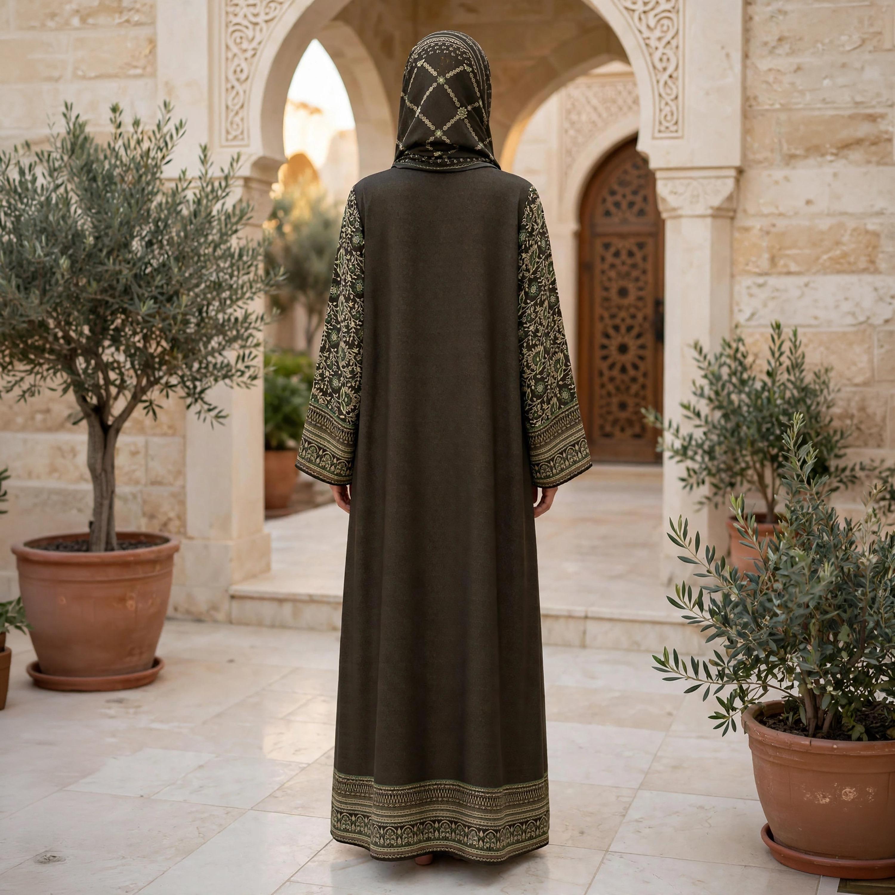 IKKXA Olive Floral Wide Sleeves Armani Satin Women's Flared Abaya with Hijab-women-arabicclothing-abayas-image-4