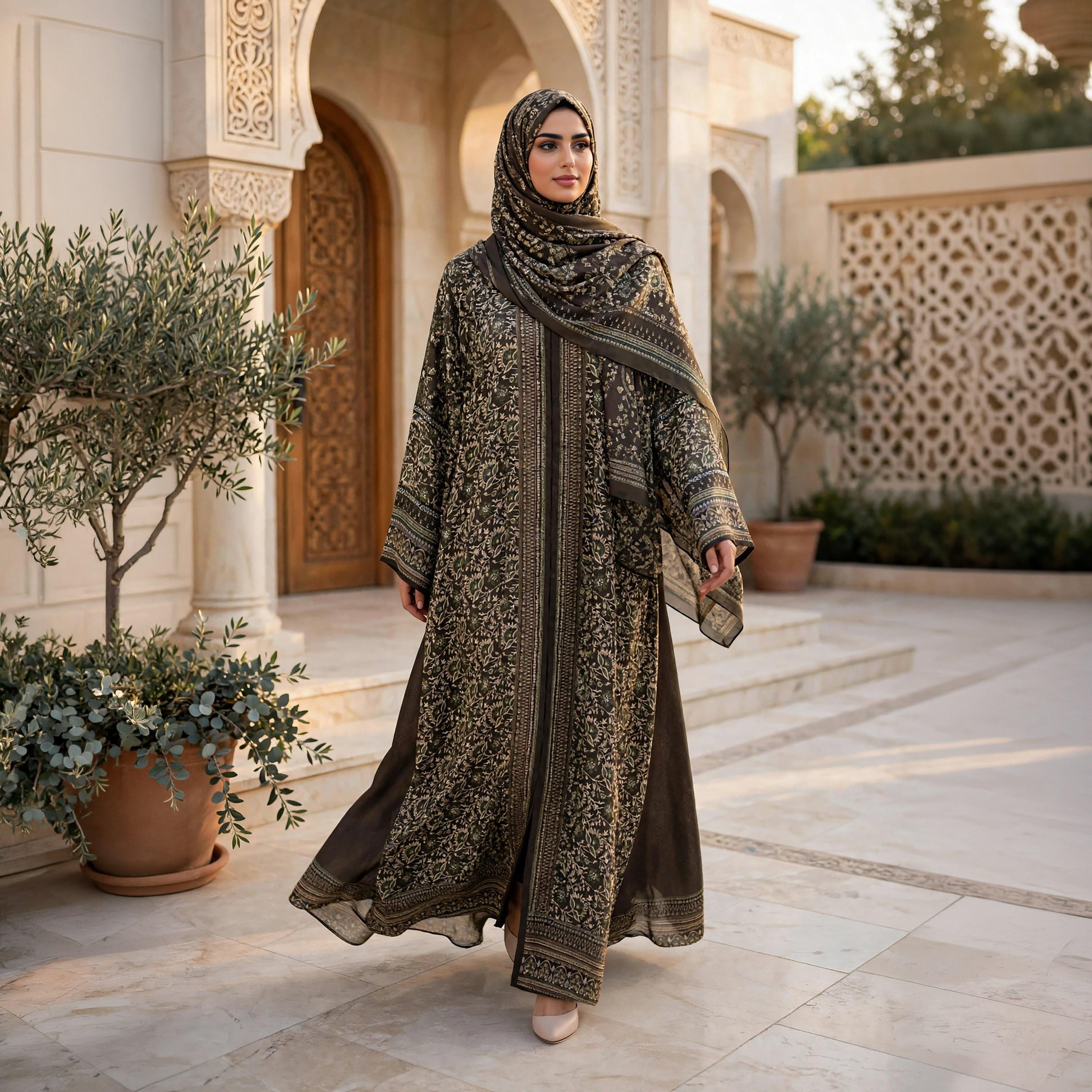 IKKXA Olive Floral Wide Sleeves Armani Satin Women's Flared Abaya with Hijab-women-arabicclothing-abayas-image-5