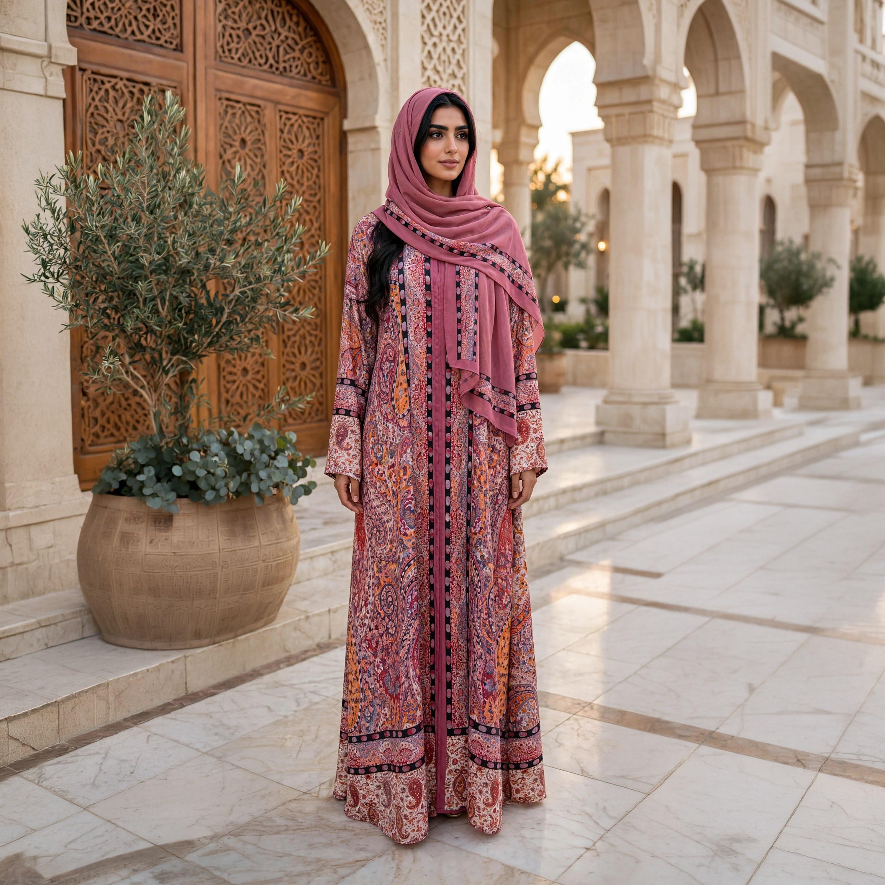 IKKXA Pink Paisley Floral Armani Satin Women's Flared Abaya with Hijab-women-arabicclothing-abayas-image-1
