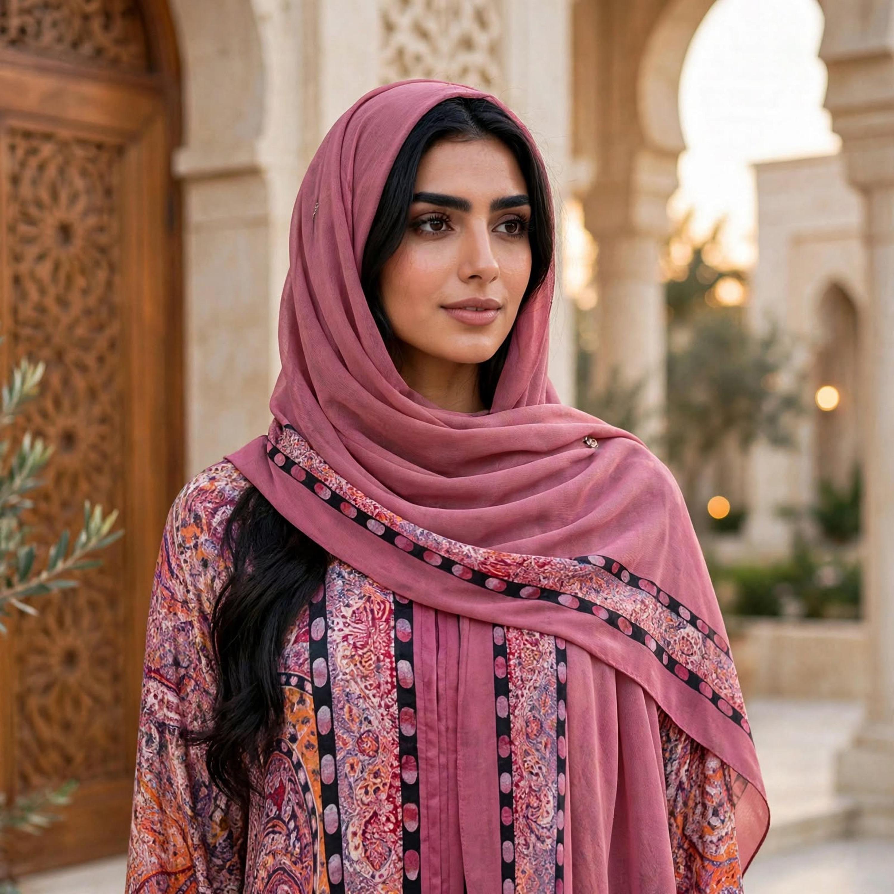 IKKXA Pink Paisley Floral Armani Satin Women's Flared Abaya with Hijab-women-arabicclothing-abayas-image-2