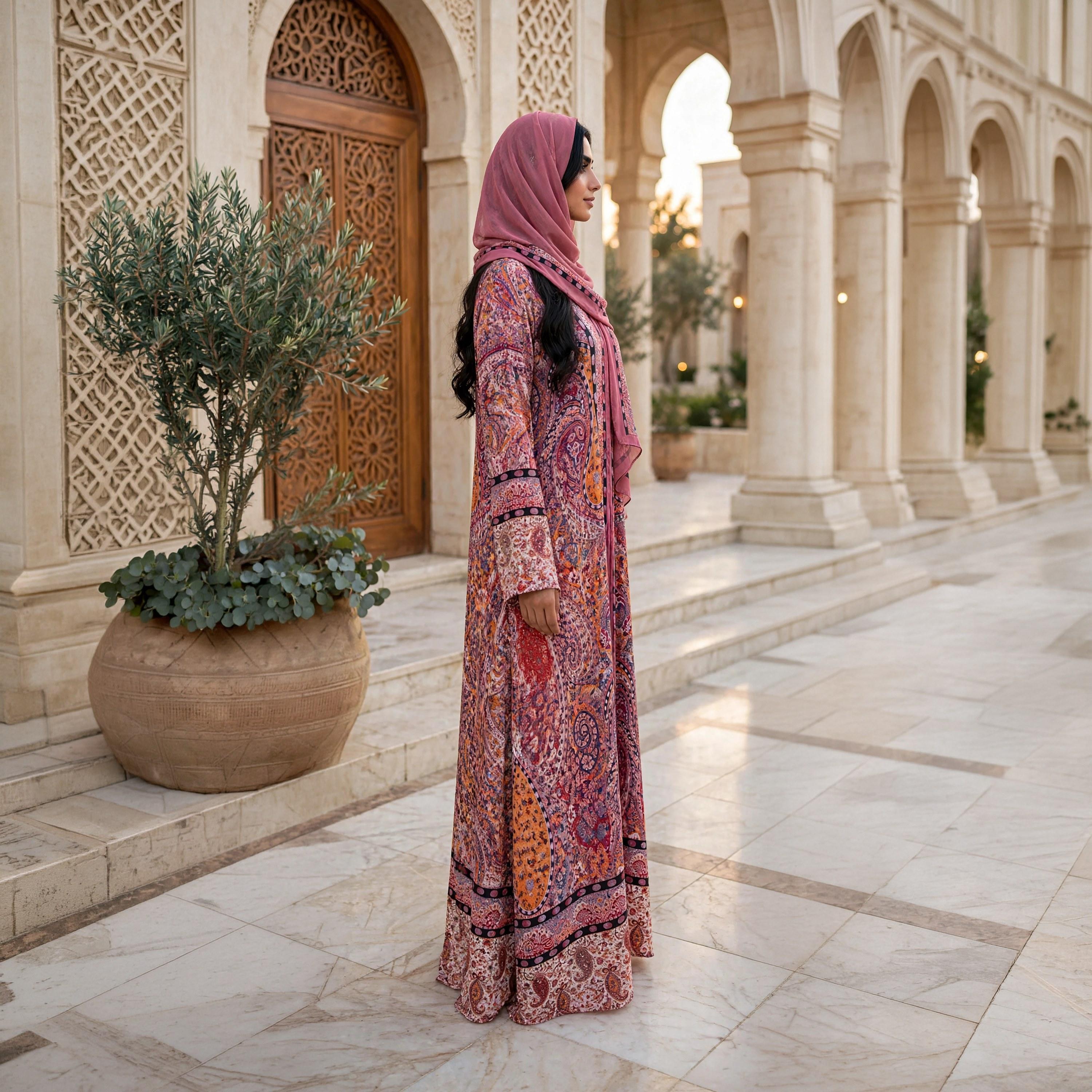 IKKXA Pink Paisley Floral Armani Satin Women's Flared Abaya with Hijab-women-arabicclothing-abayas-image-3