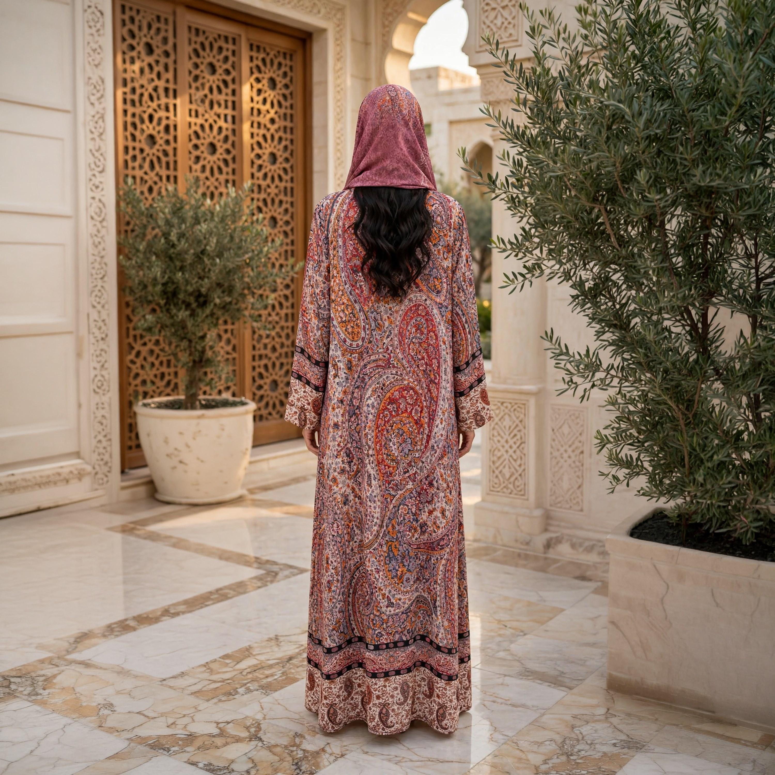 IKKXA Pink Paisley Floral Armani Satin Women's Flared Abaya with Hijab-women-arabicclothing-abayas-image-4
