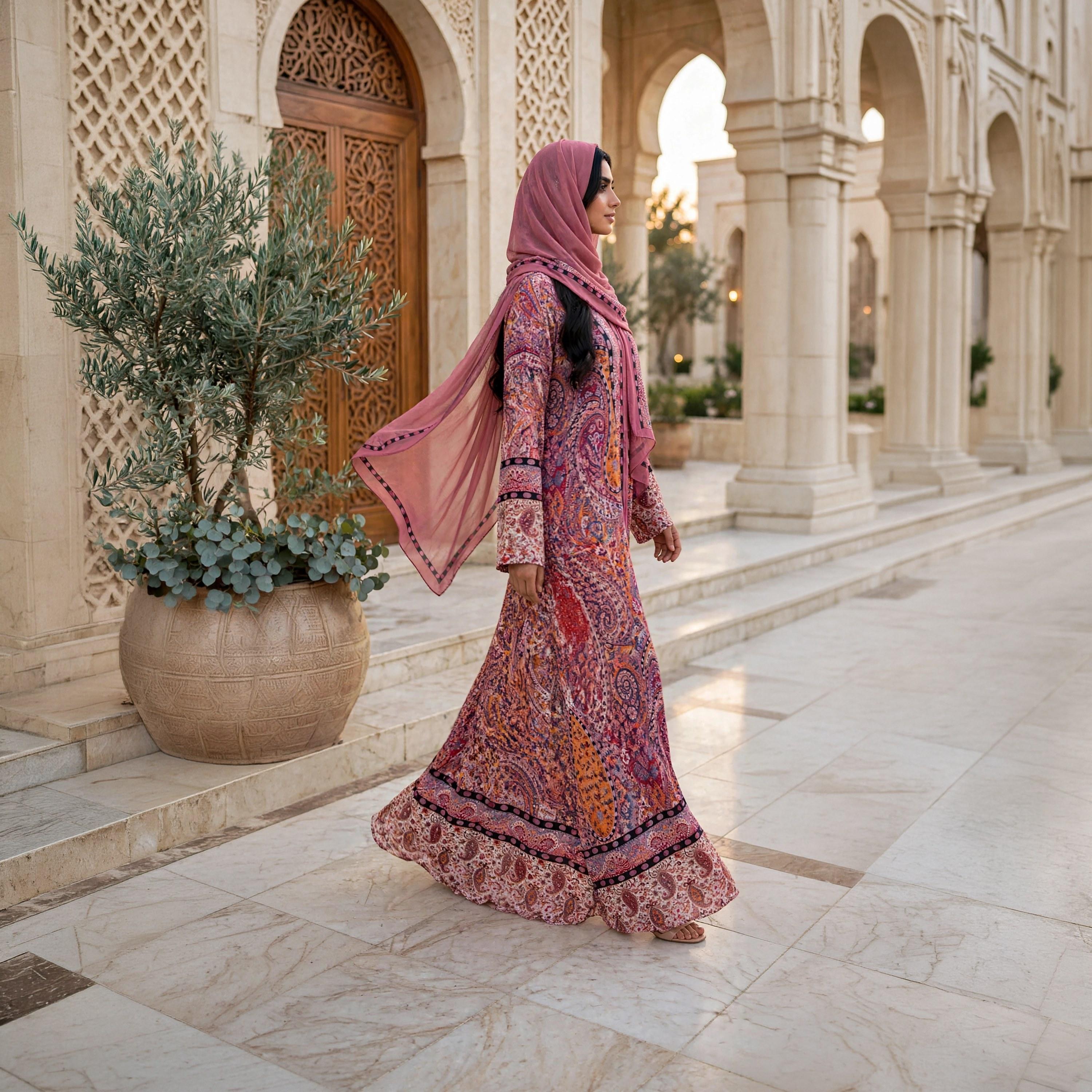 IKKXA Pink Paisley Floral Armani Satin Women's Flared Abaya with Hijab-women-arabicclothing-abayas-image-5