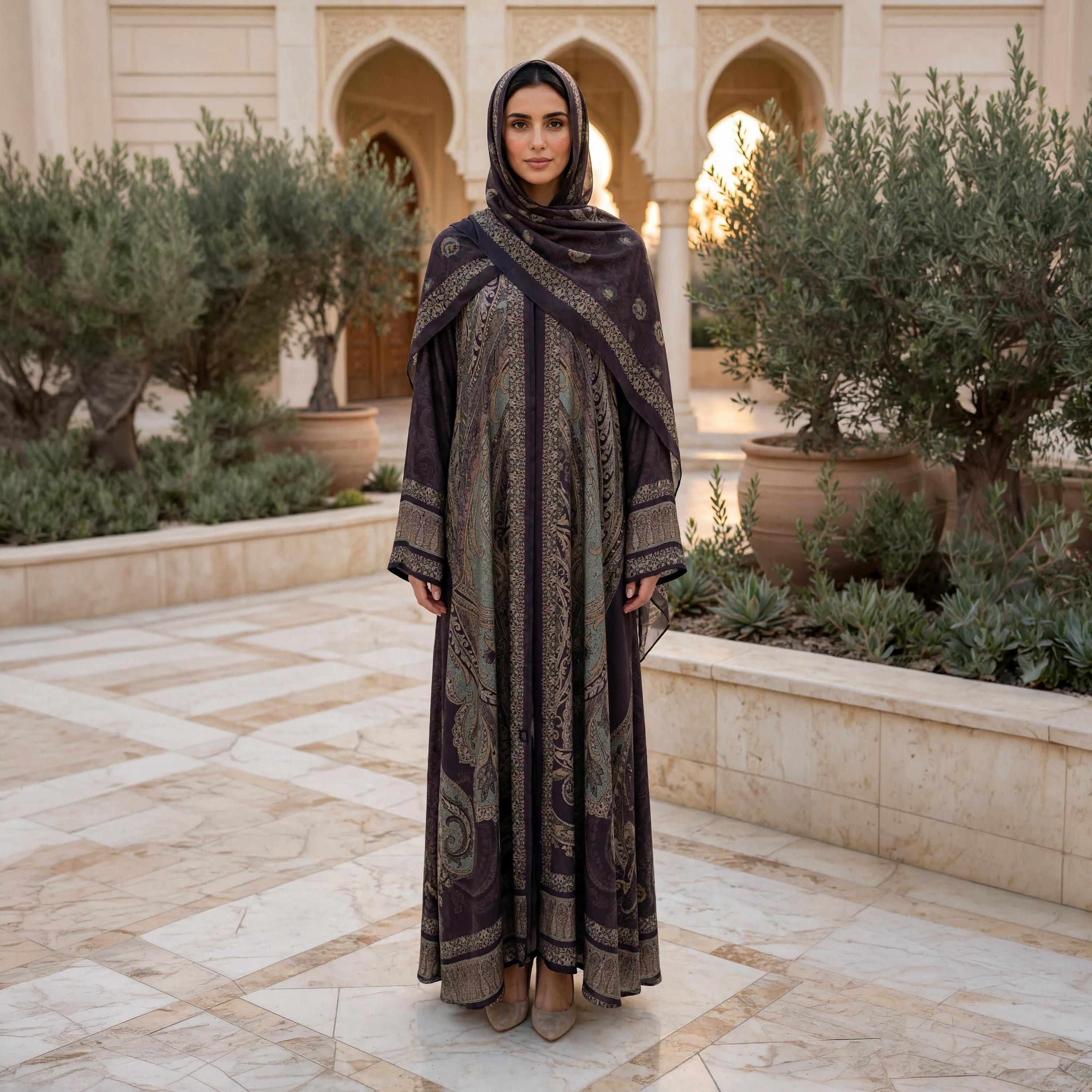 عباية حريمي واسعة أرماني ساتان بنقشة البيزلي الكبيرة مع حجاب باللون البنفسجي من إككسا-women-arabicclothing-abayas-image-1