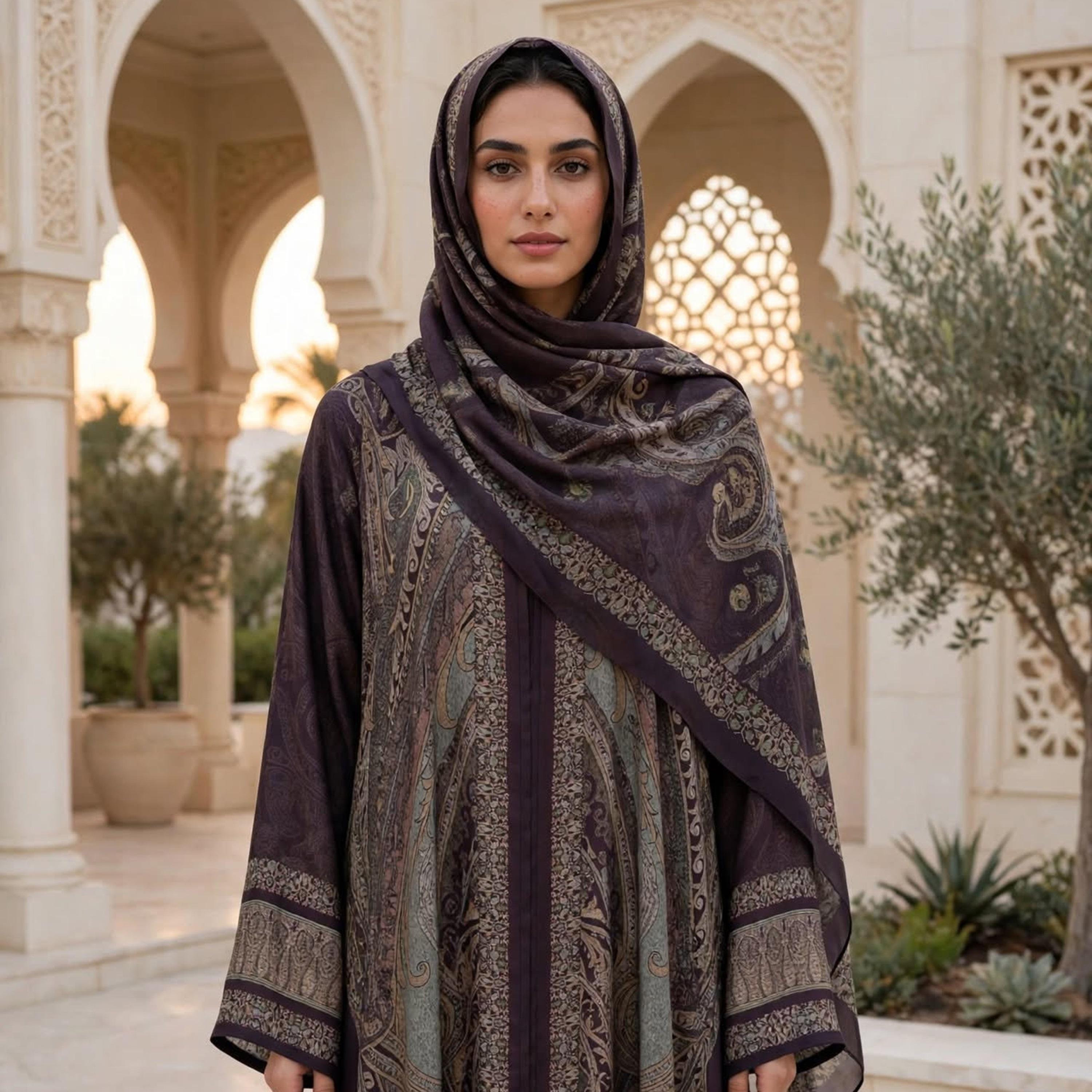 عباية حريمي واسعة أرماني ساتان بنقشة البيزلي الكبيرة مع حجاب باللون البنفسجي من إككسا-women-arabicclothing-abayas-image-2